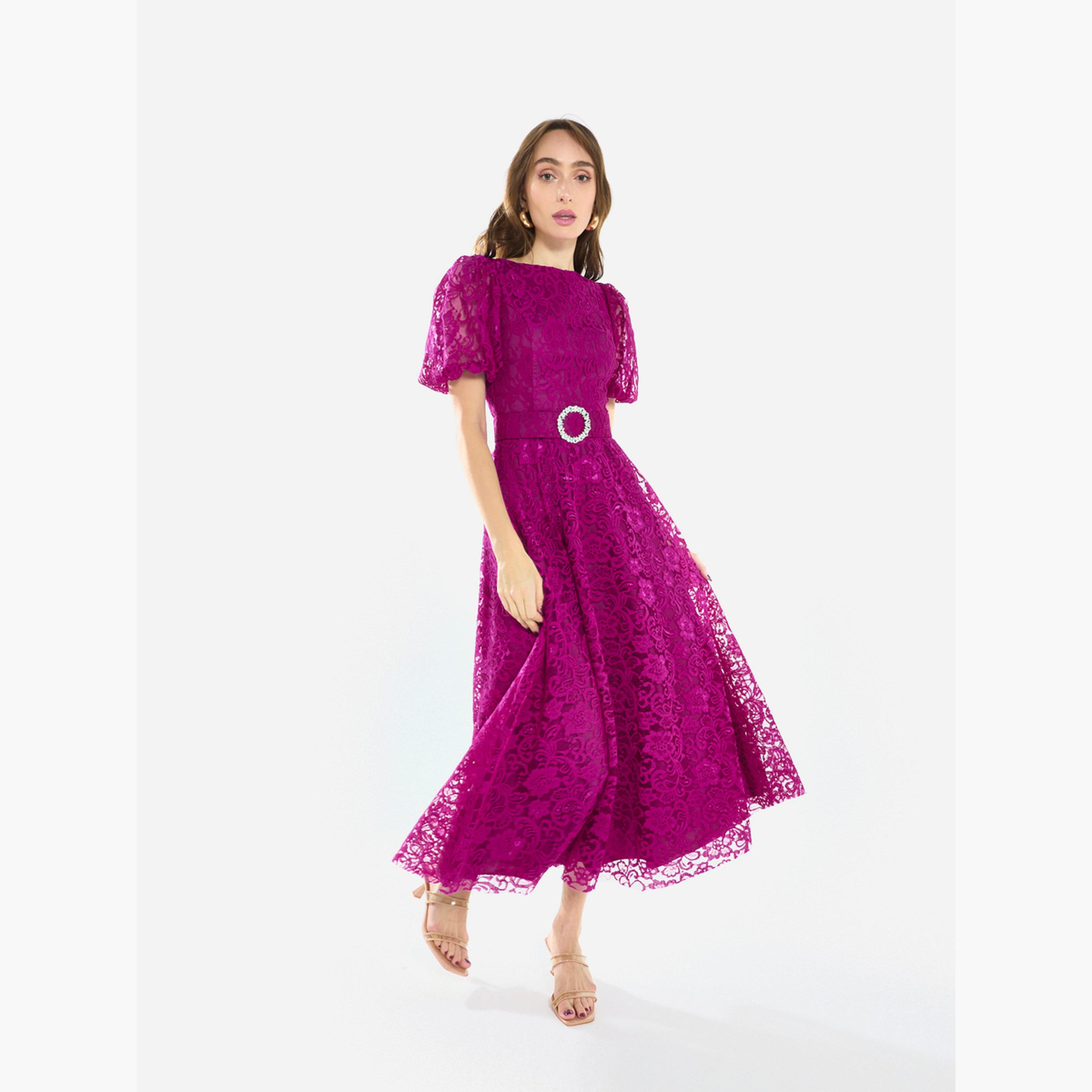 فستان ميدي بأكمام منفوخة ودانتيل بنمط زهور-women-clothing-dresses-image-1
