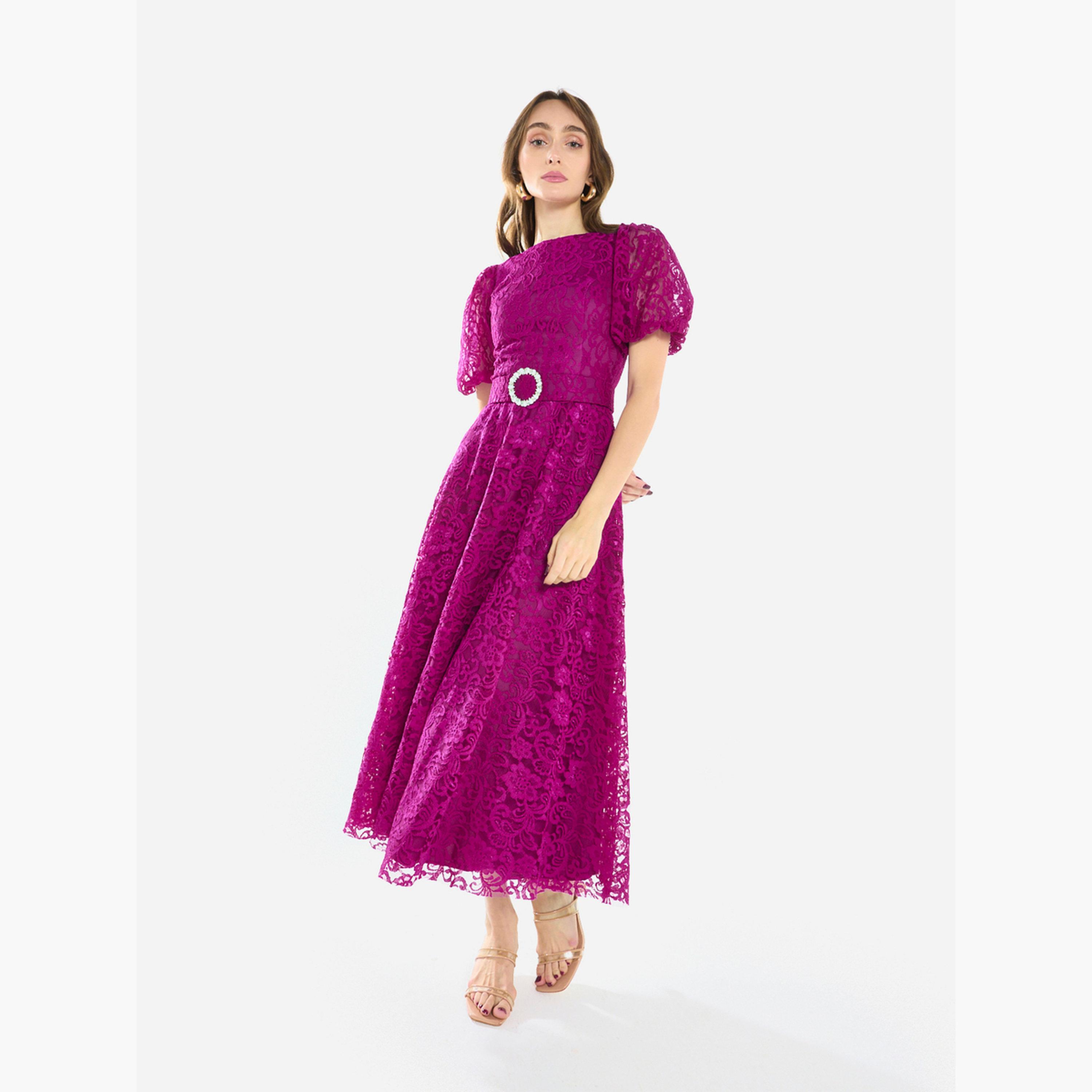 فستان ميدي بأكمام منفوخة ودانتيل بنمط زهور-women-clothing-dresses-image-2