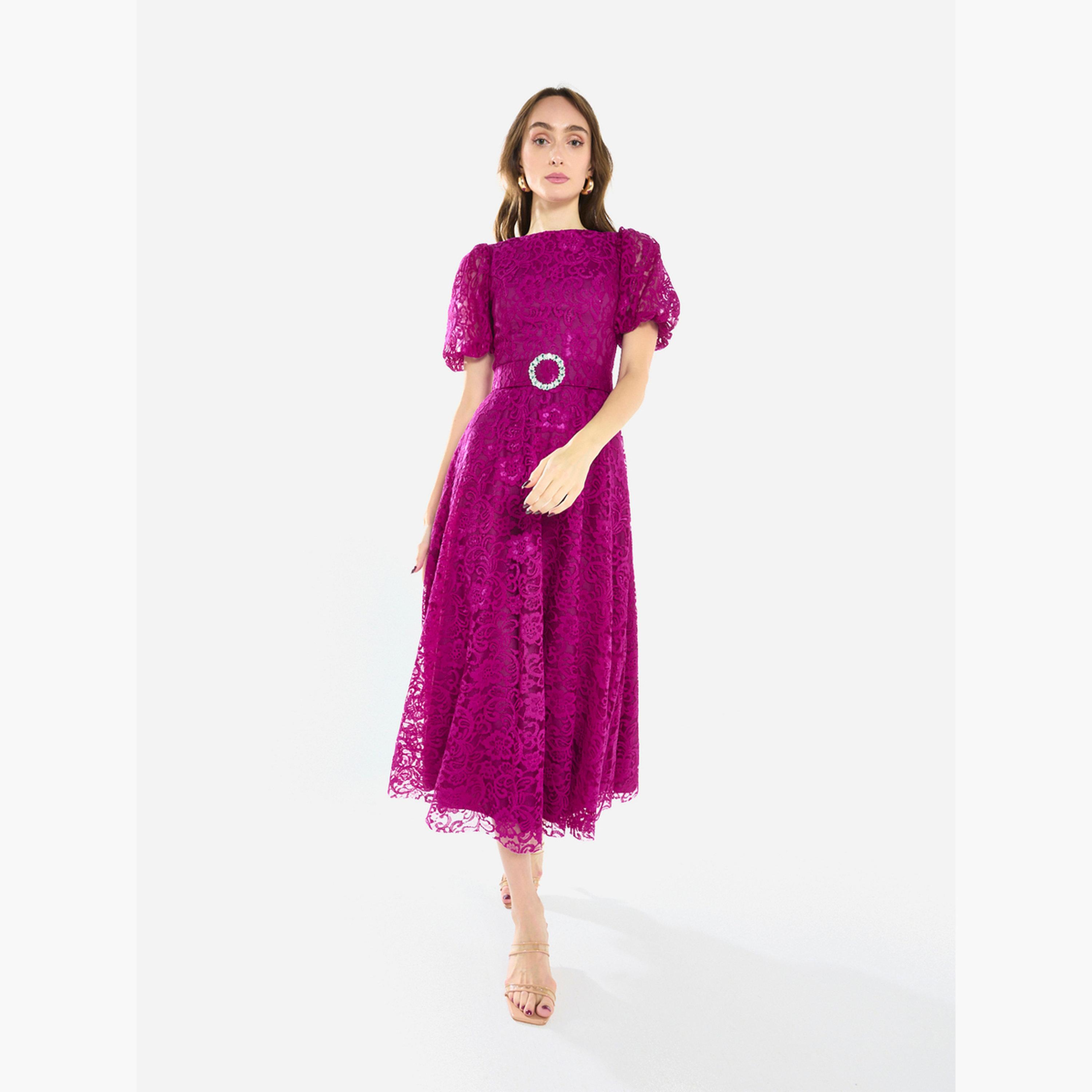 فستان ميدي بأكمام منفوخة ودانتيل بنمط زهور-women-clothing-dresses-image-3