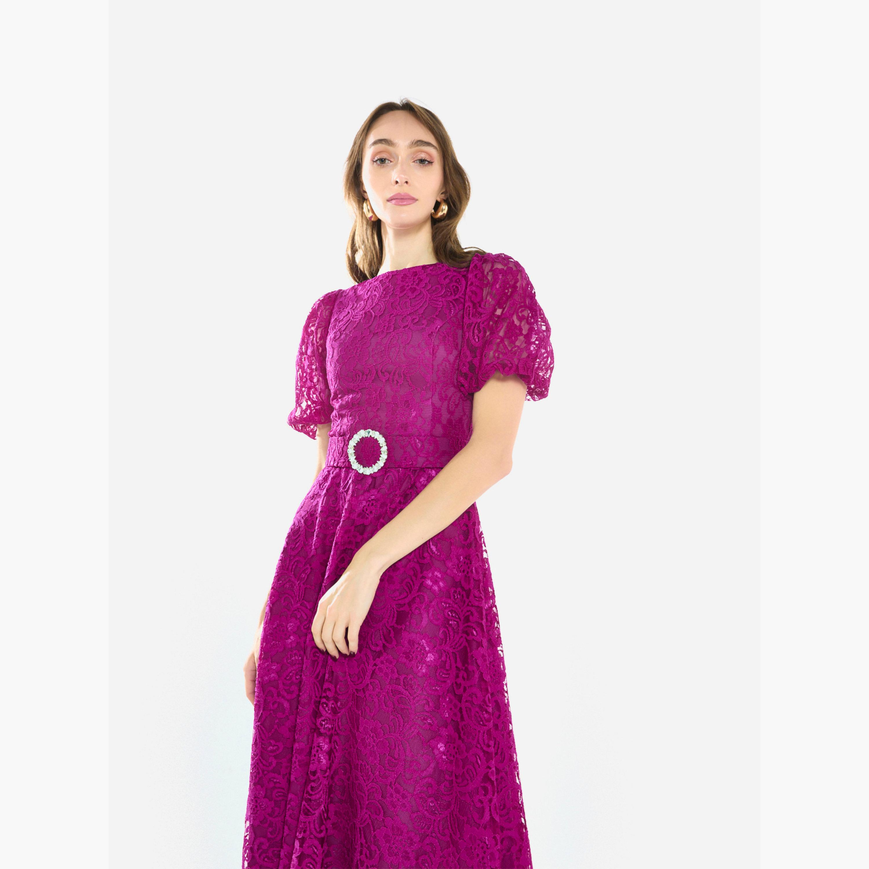 فستان ميدي بأكمام منفوخة ودانتيل بنمط زهور-women-clothing-dresses-image-4