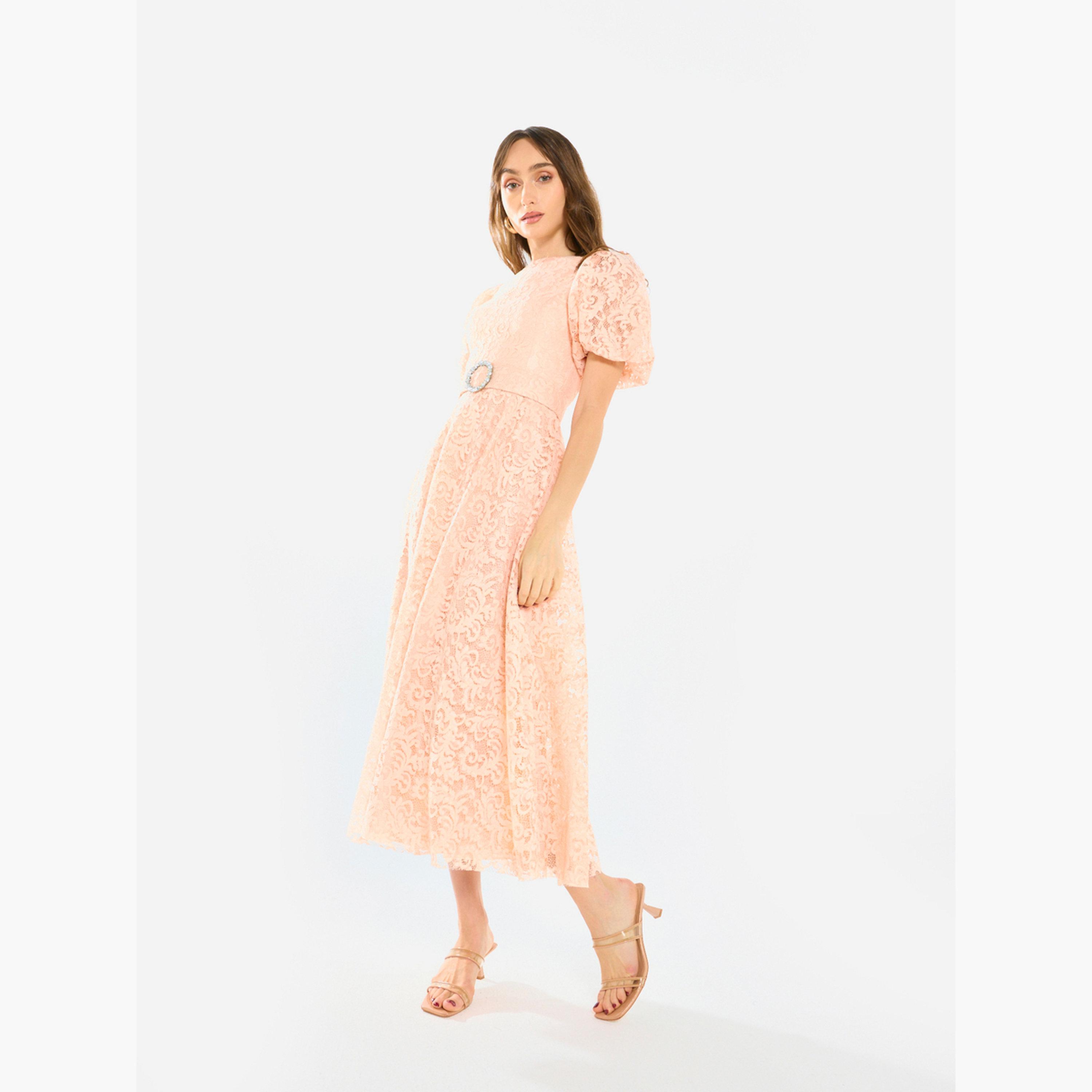 فستان ميدي بأكمام منفوخة ودانتيل بنمط زهور-women-clothing-dresses-image-2