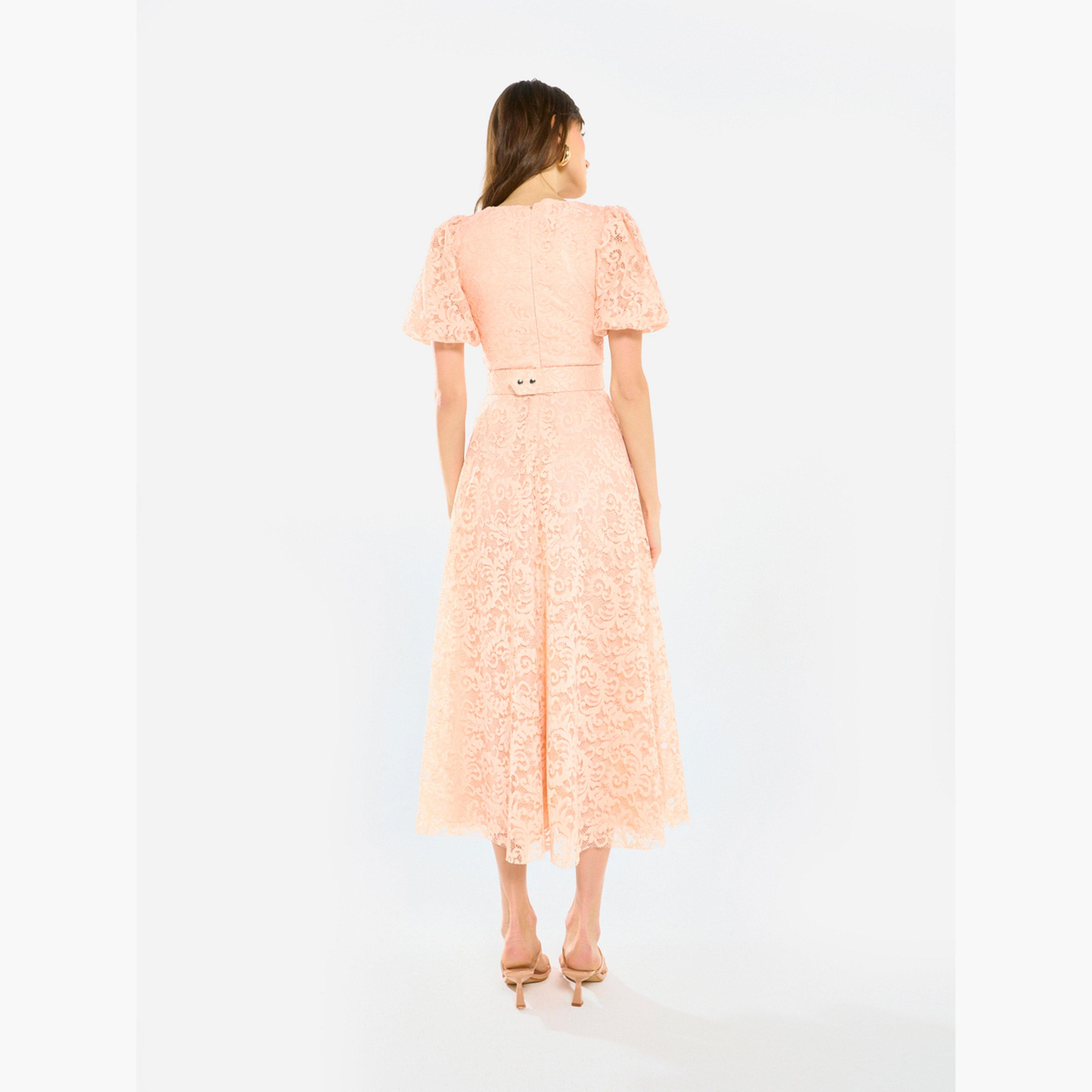 فستان ميدي بأكمام منفوخة ودانتيل بنمط زهور-women-clothing-dresses-image-5