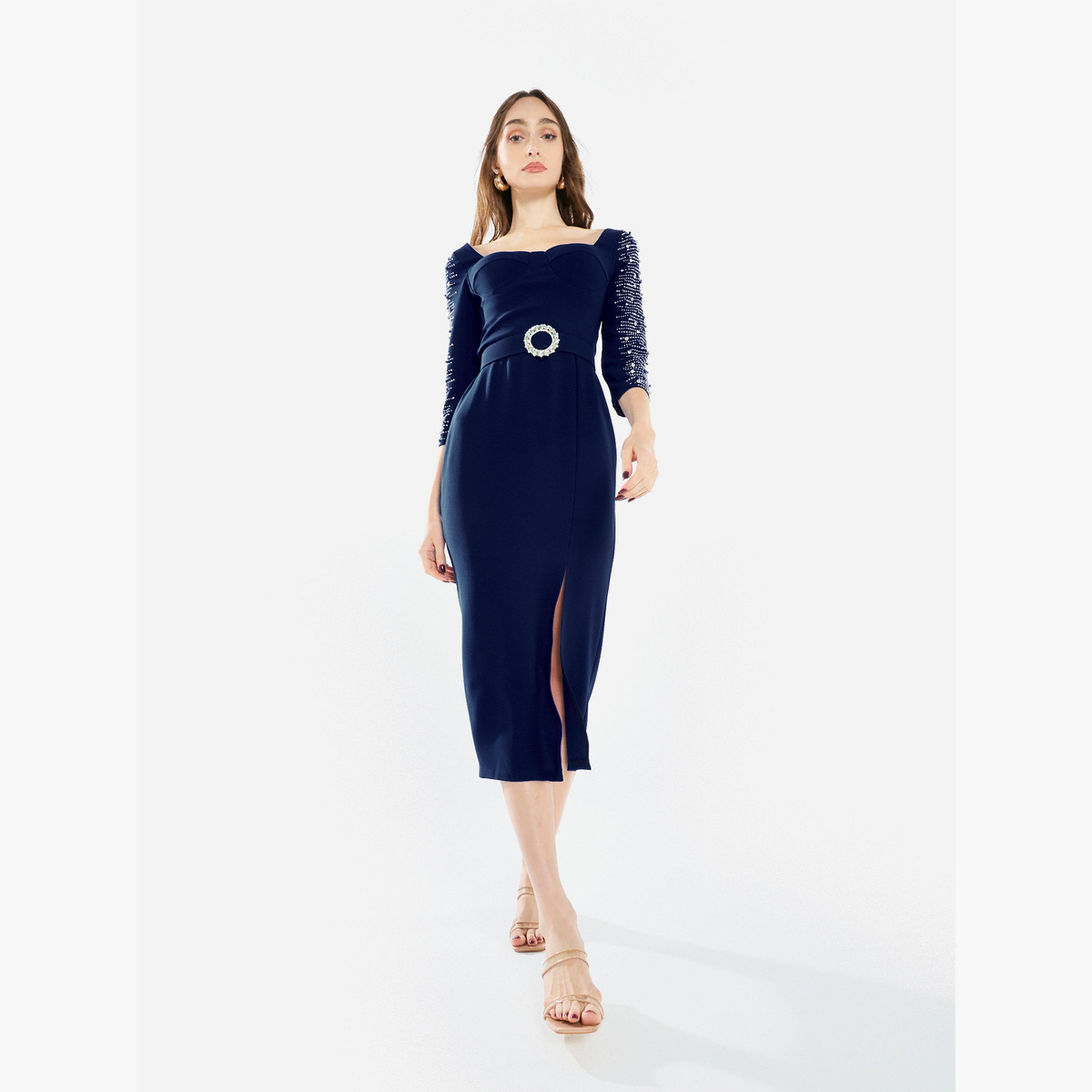 House of Moda Women Embellished Sleeve Midi Dress-women-clothing-dresses-image-1