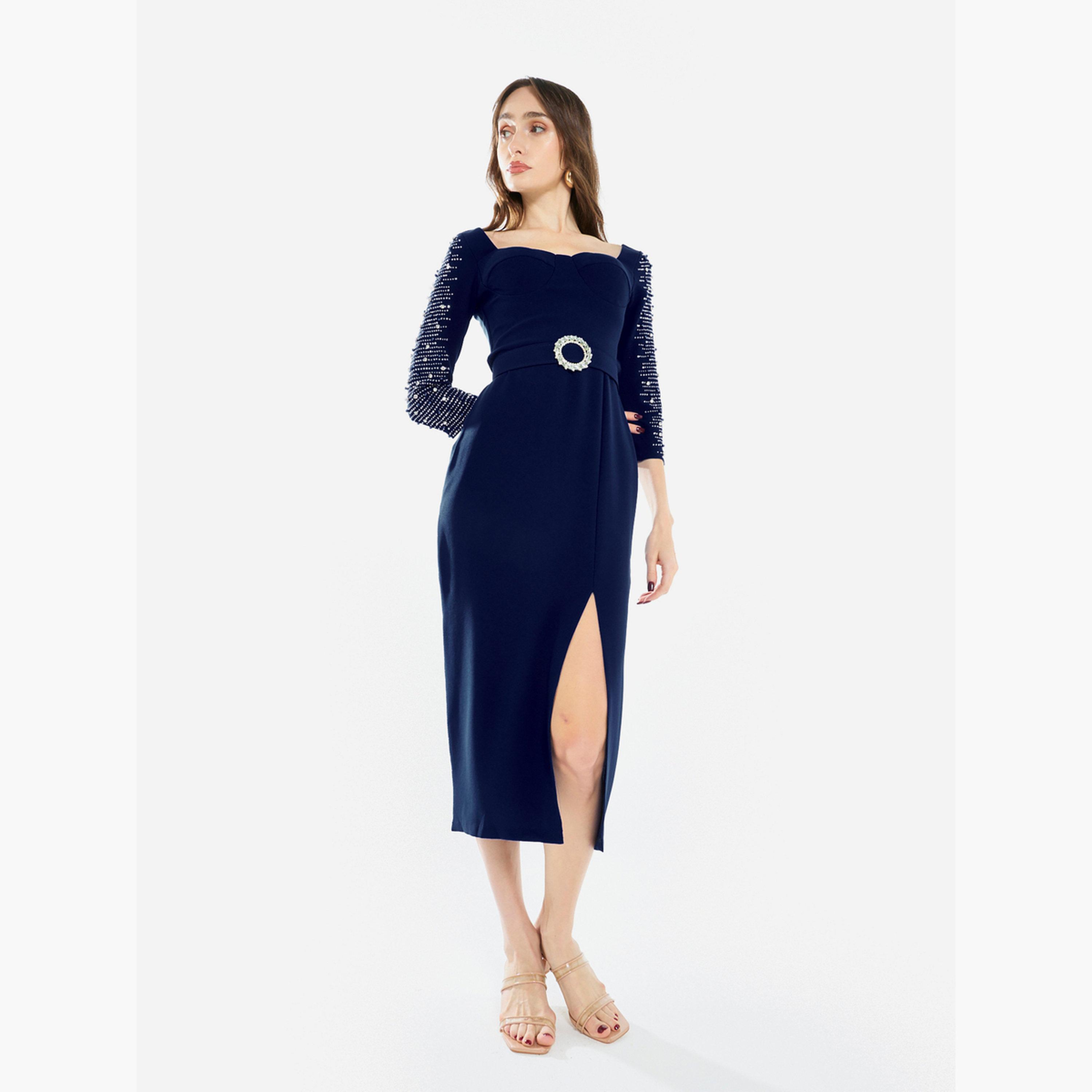 فستان ميدي بأكمام مزينة-women-clothing-dresses-image-2