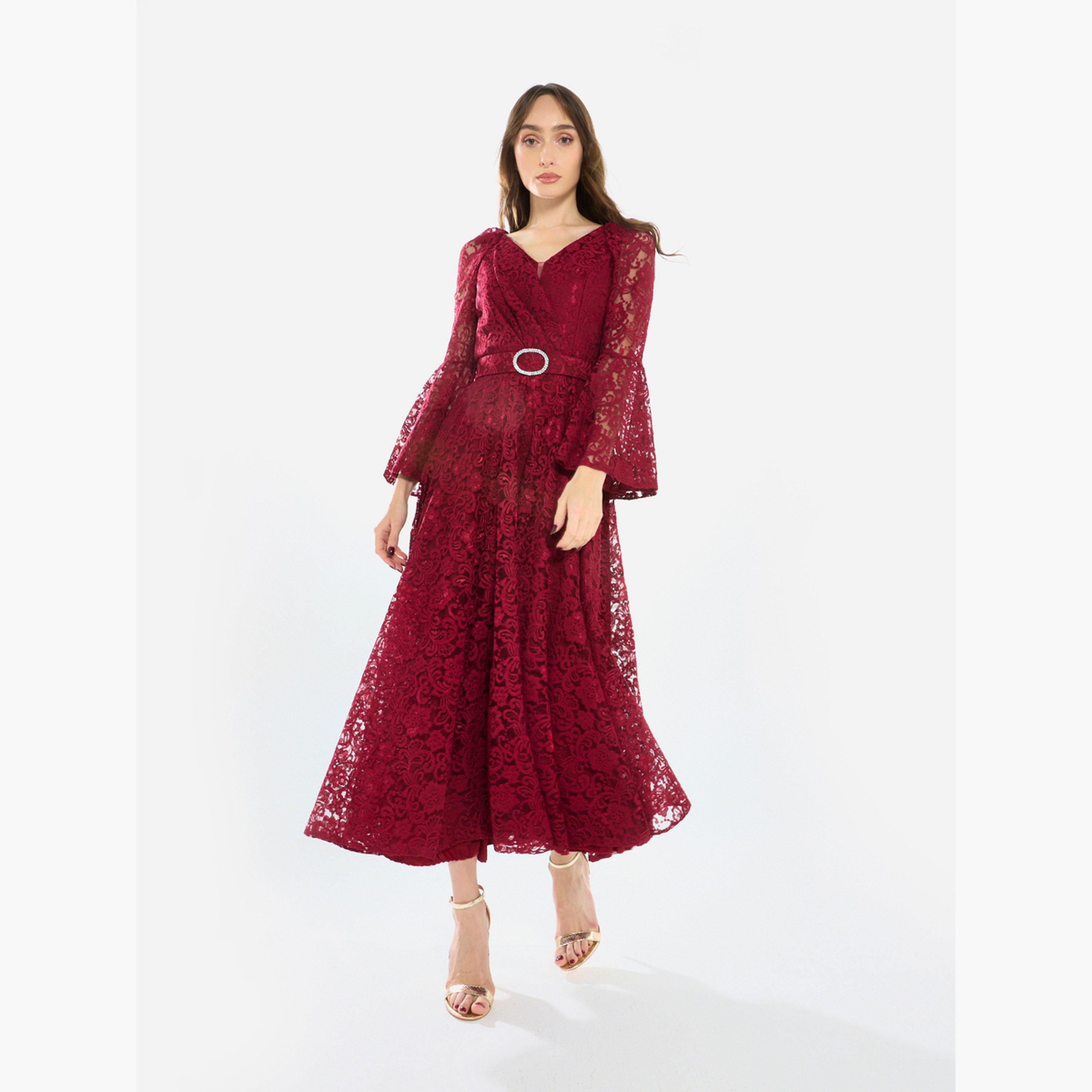 House of Moda Women Lace Flare Sleeve Midi Dress-women-clothing-dresses-image-1