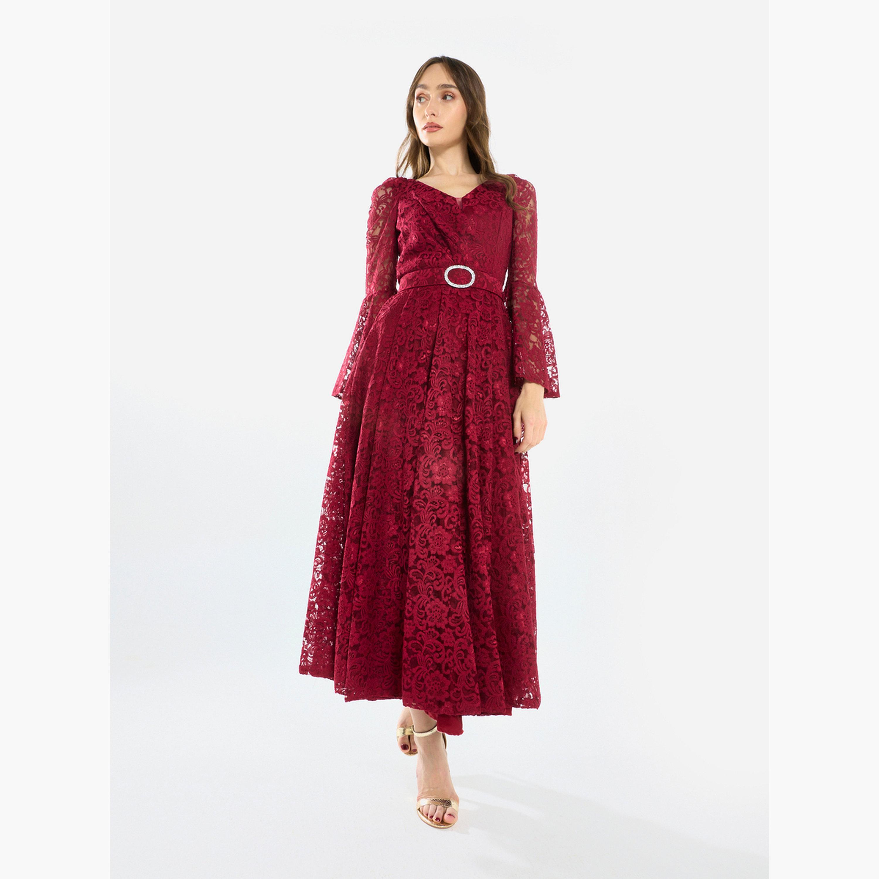 House of Moda Women Lace Flare Sleeve Midi Dress-women-clothing-dresses-image-2