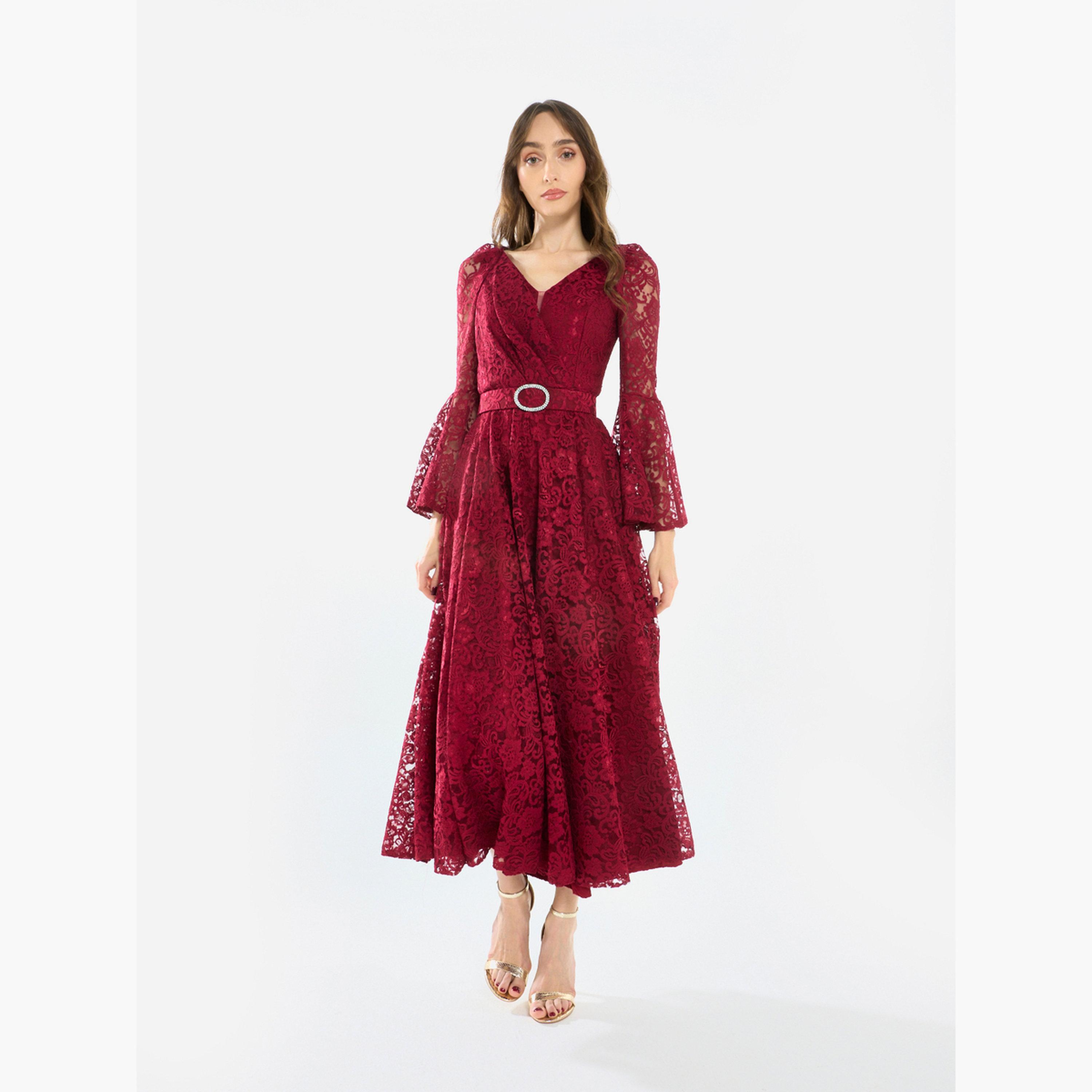 House of Moda Women Lace Flare Sleeve Midi Dress-women-clothing-dresses-image-3