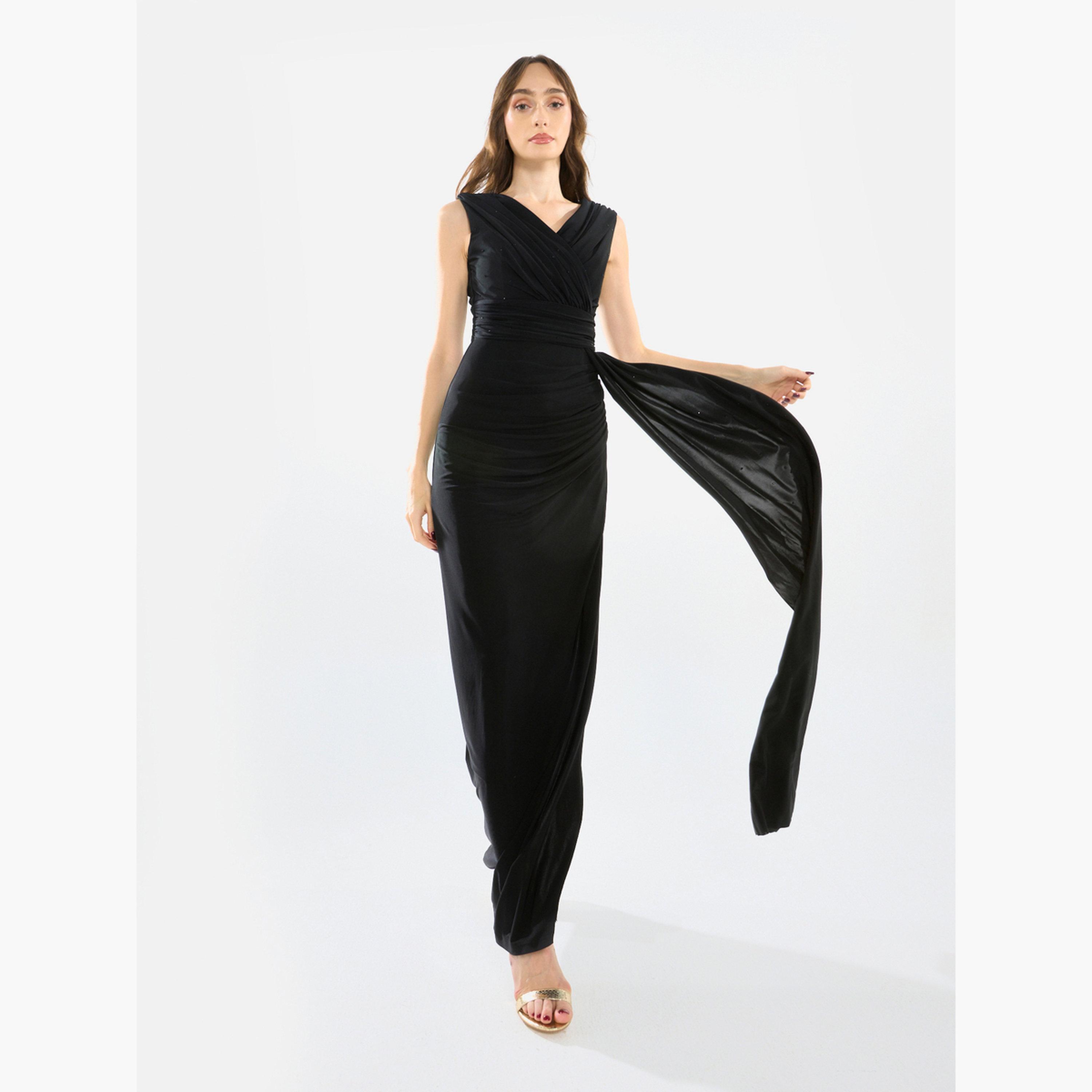 فستان سهرة طويل كريب بتصميم درابيه-women-clothing-dresses-image-1