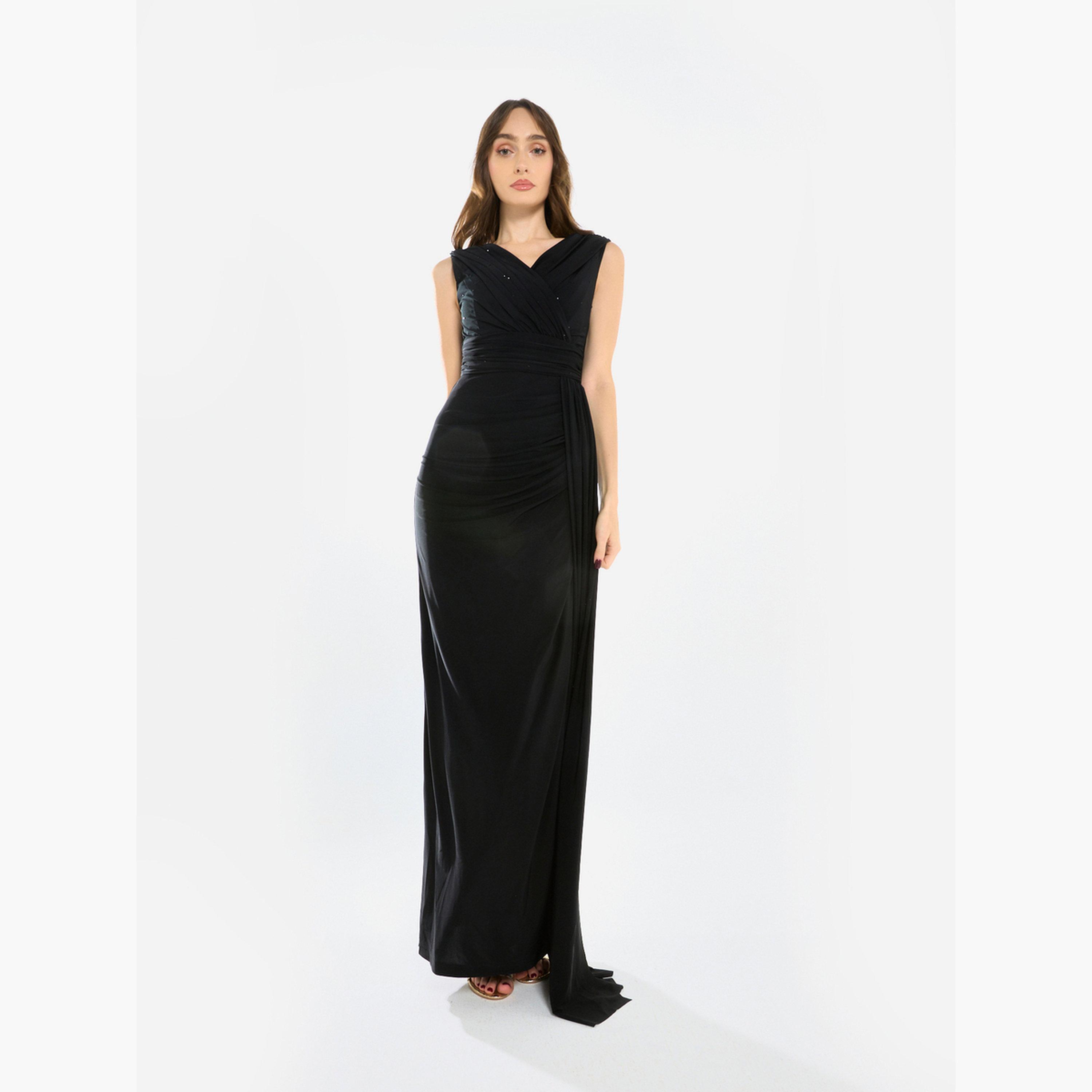 فستان سهرة طويل كريب بتصميم درابيه-women-clothing-dresses-image-2