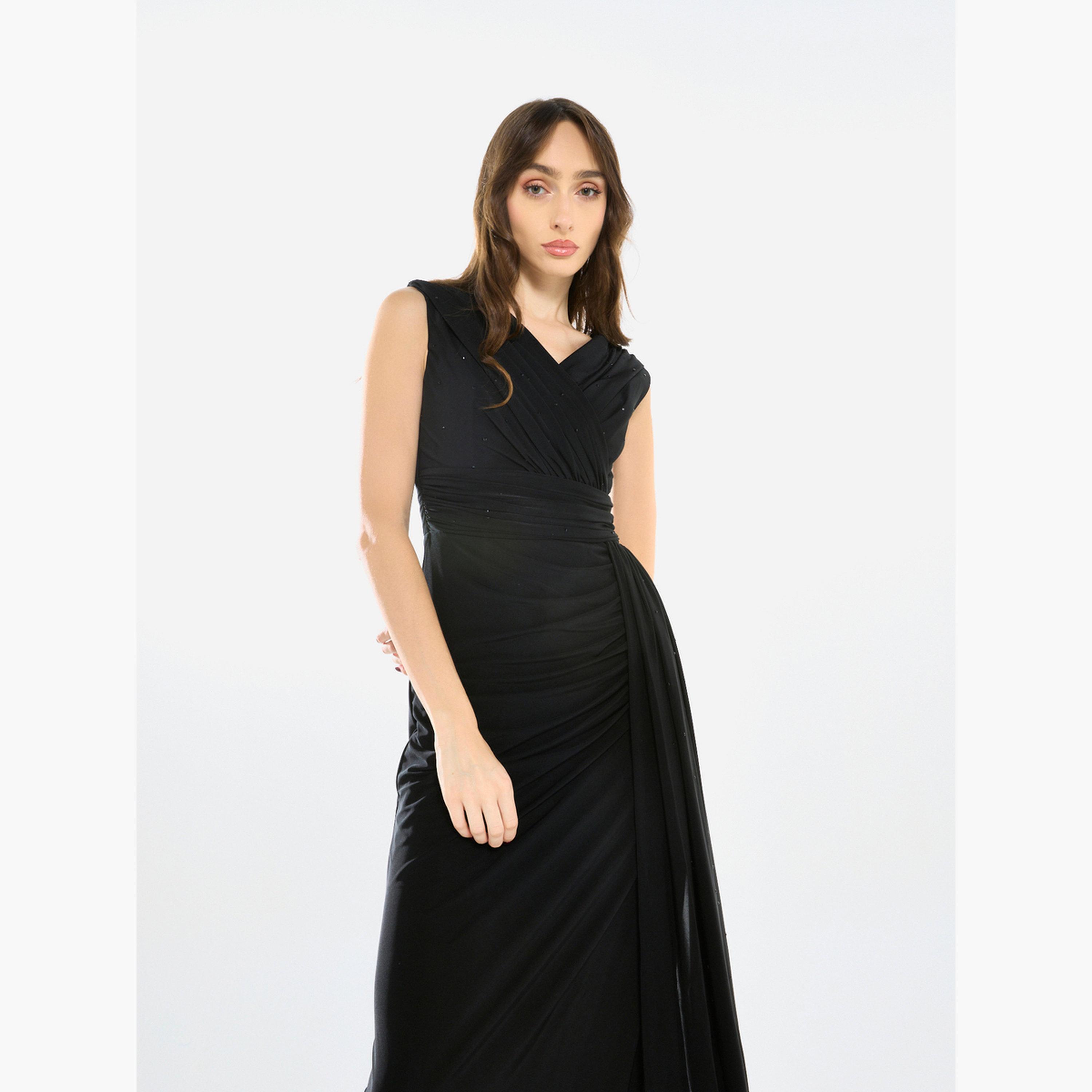 فستان سهرة طويل كريب بتصميم درابيه-women-clothing-dresses-image-4