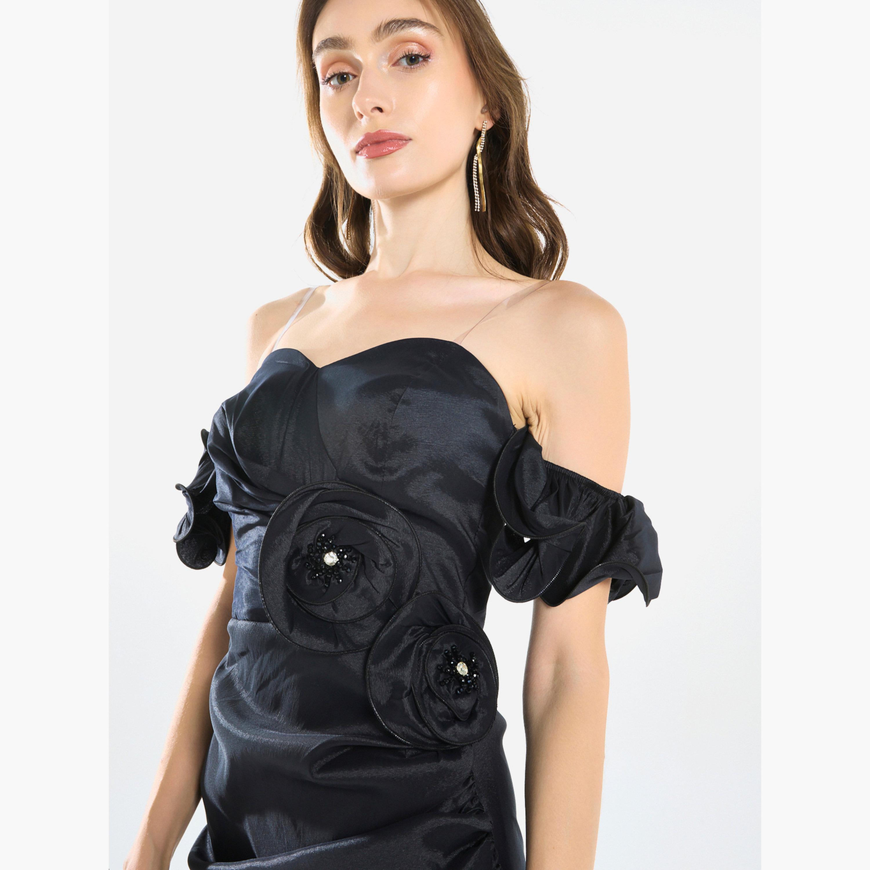 فستان قصير ساتان بتفاصيل وردة-women-clothing-dresses-image-5