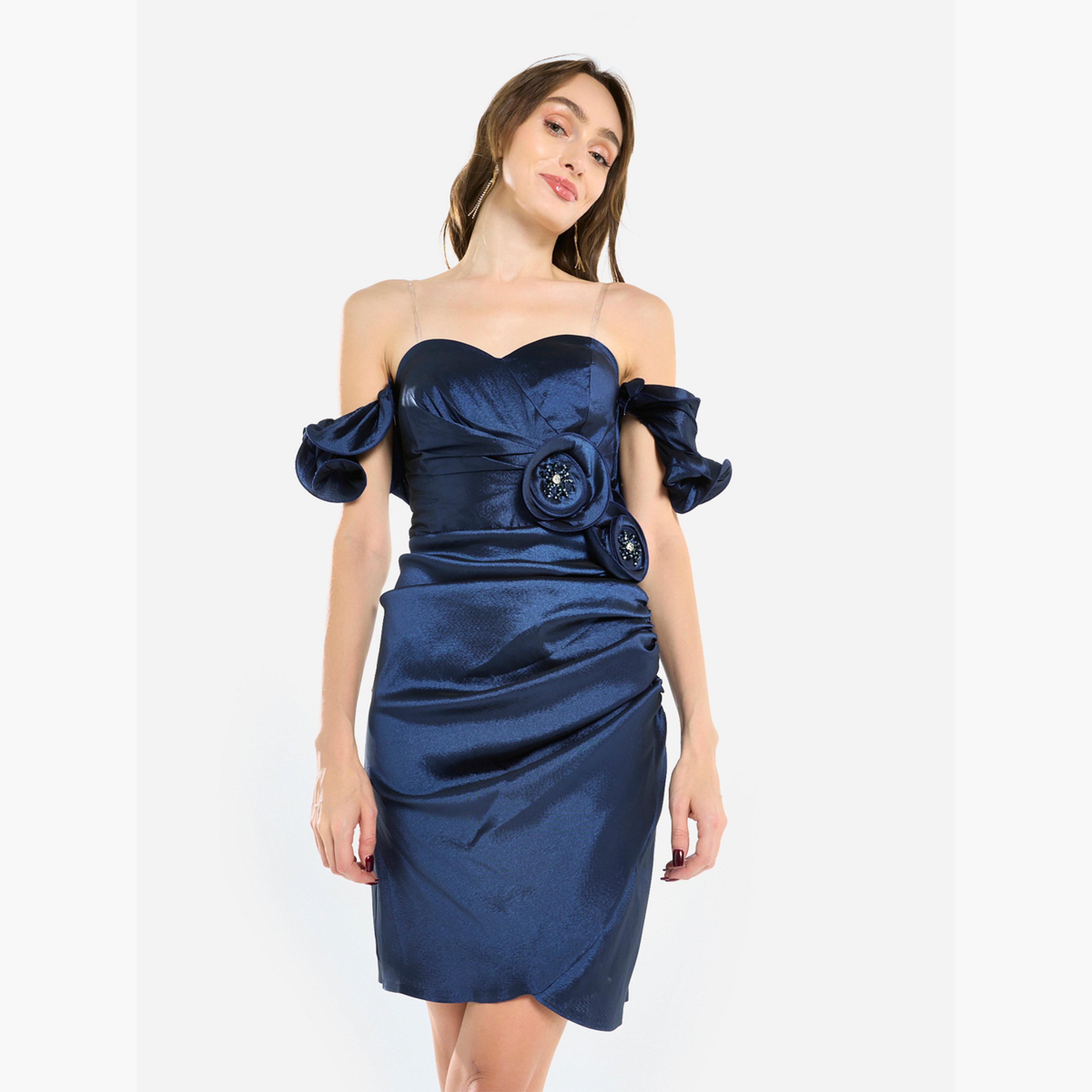 فستان قصير ساتان بتفاصيل وردة-women-clothing-dresses-image-1