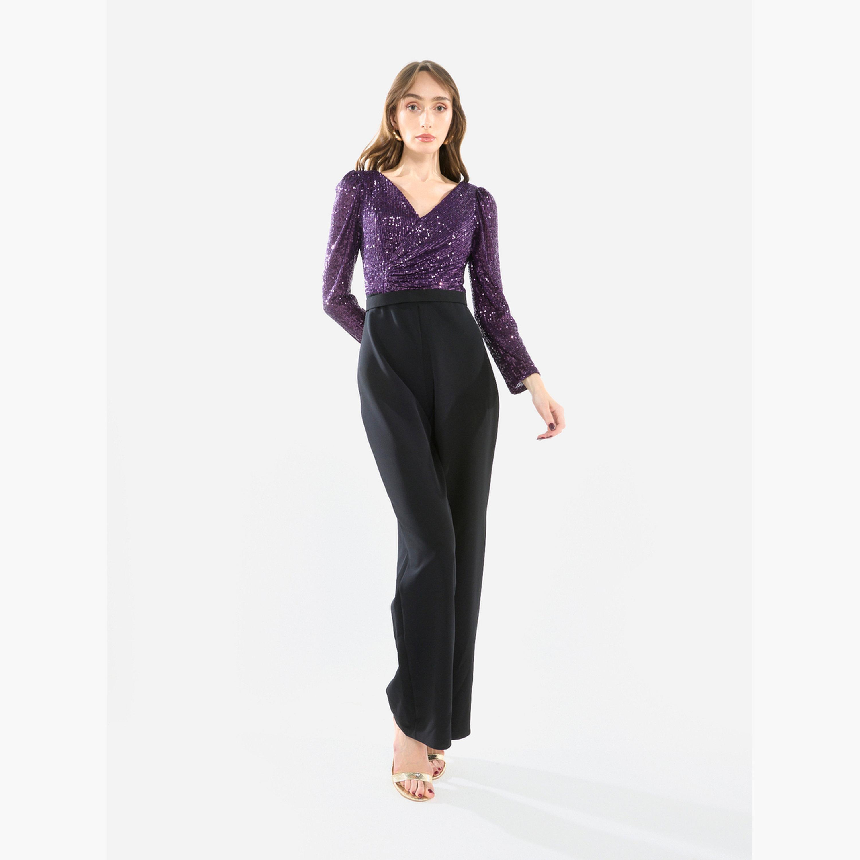 House of Moda Women V Neck Sequin Wrap Bodice Jumpsuit-women-clothing-jumpsuits-image-1