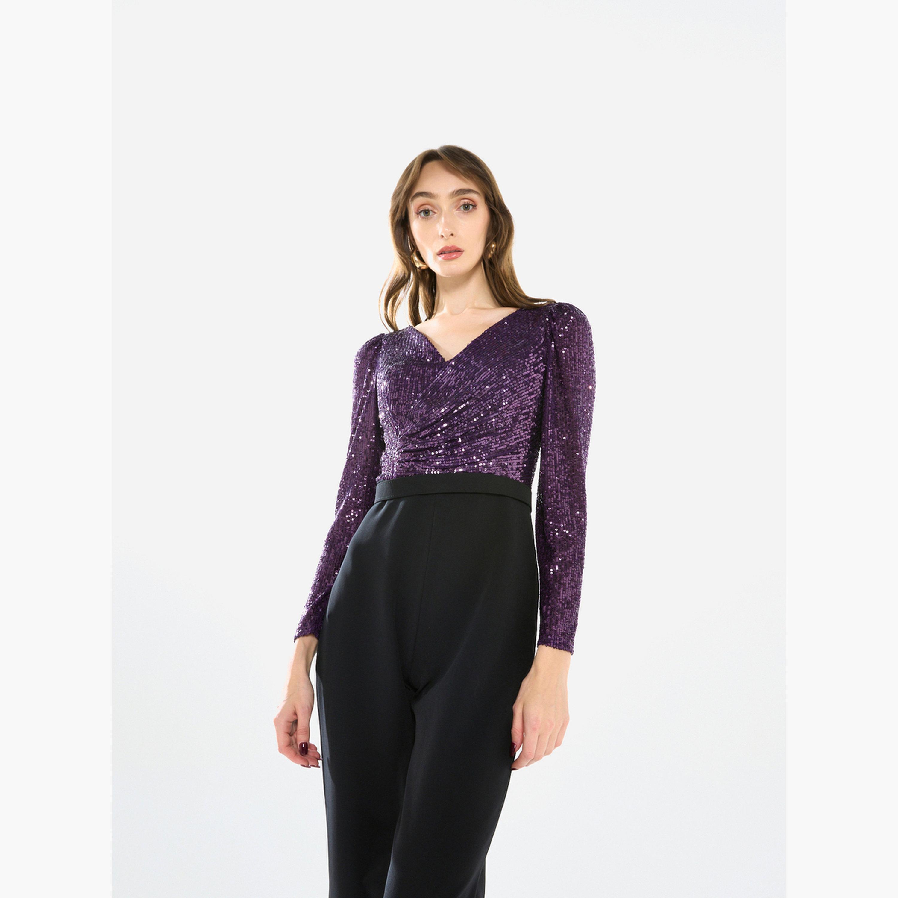 House of Moda Women V Neck Sequin Wrap Bodice Jumpsuit-women-clothing-jumpsuits-image-4