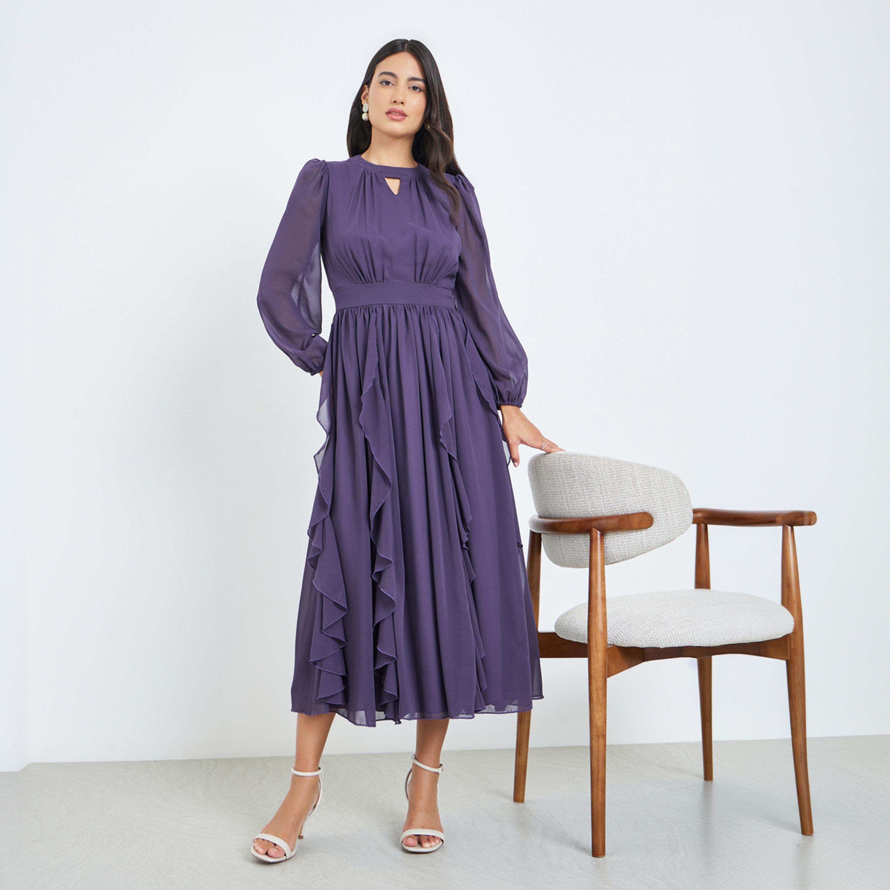 Styli Purple Ruffled Detail A-Line Midi Dress-women-clothing-dresses-image-1