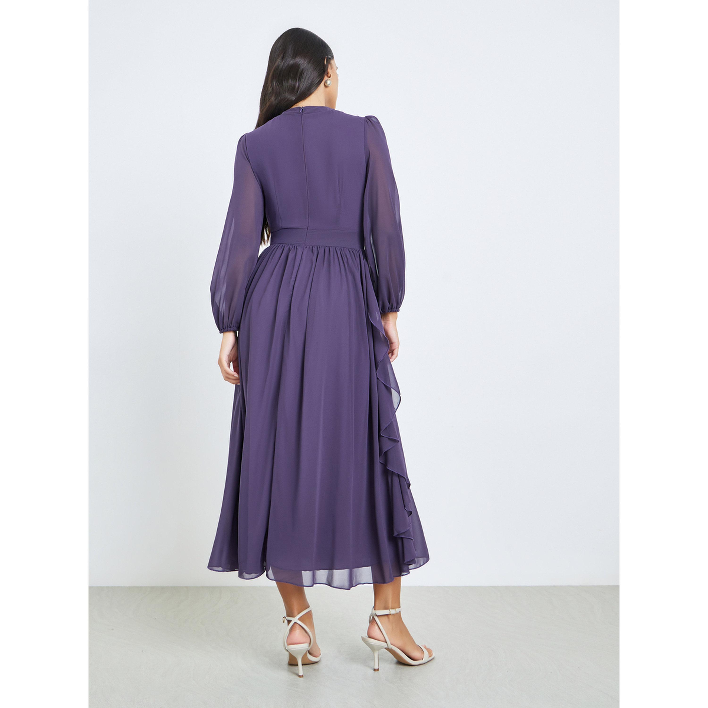 Styli Purple Ruffled Detail A-Line Midi Dress-women-clothing-dresses-image-4