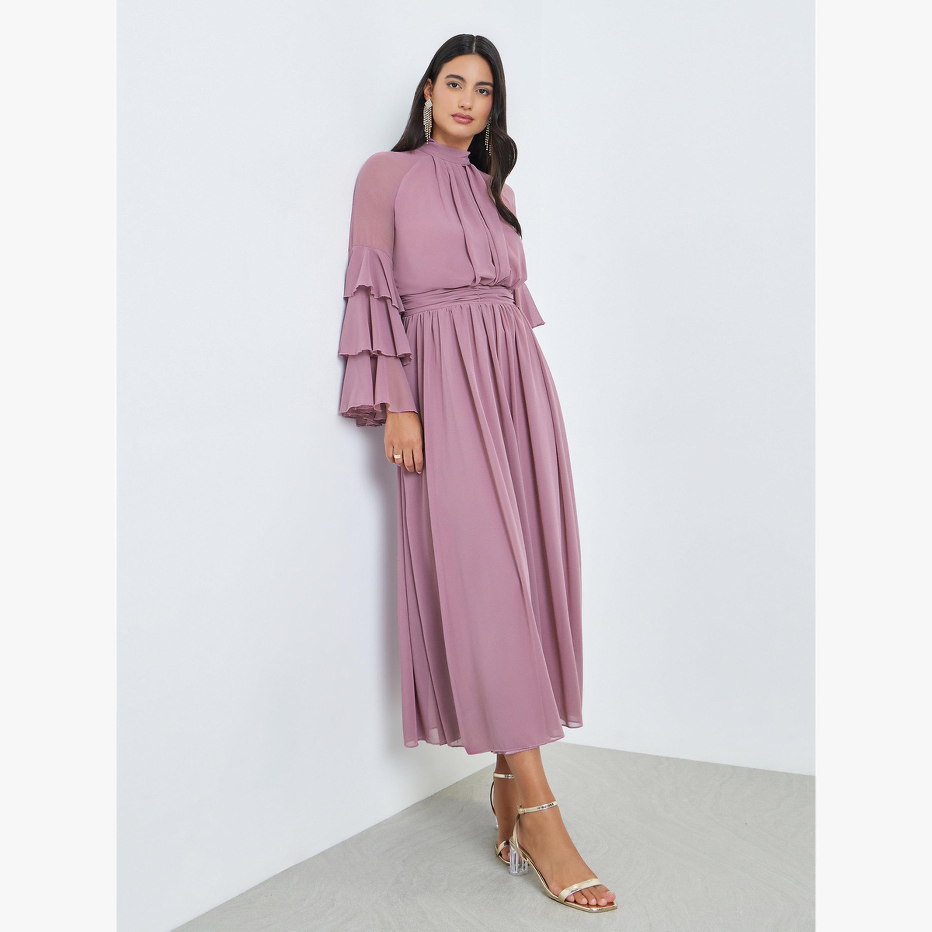 فستان طويل بياقة عالية وأكمام كشكش-women-clothing-dresses-image-1