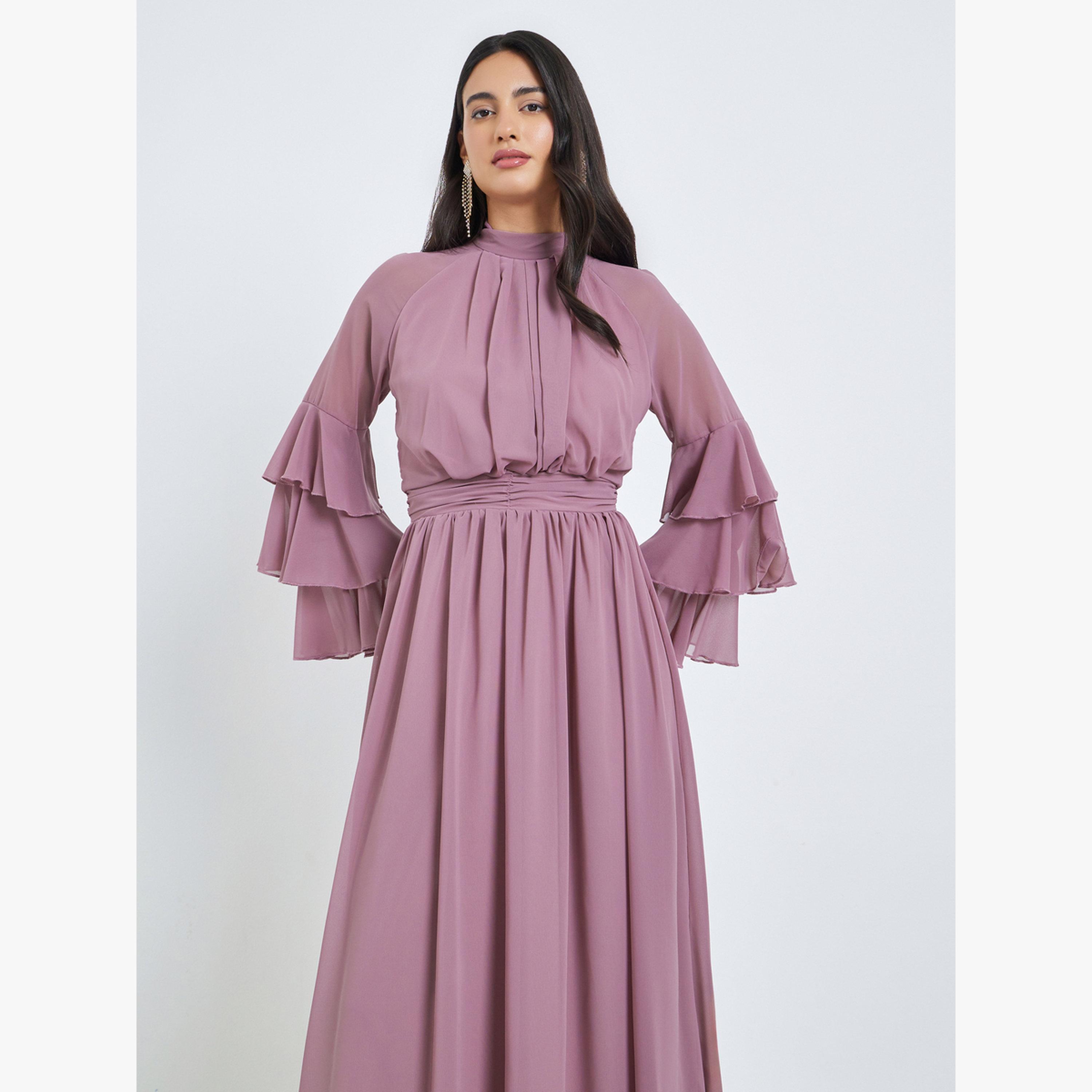 فستان طويل بياقة عالية وأكمام كشكش-women-clothing-dresses-image-2