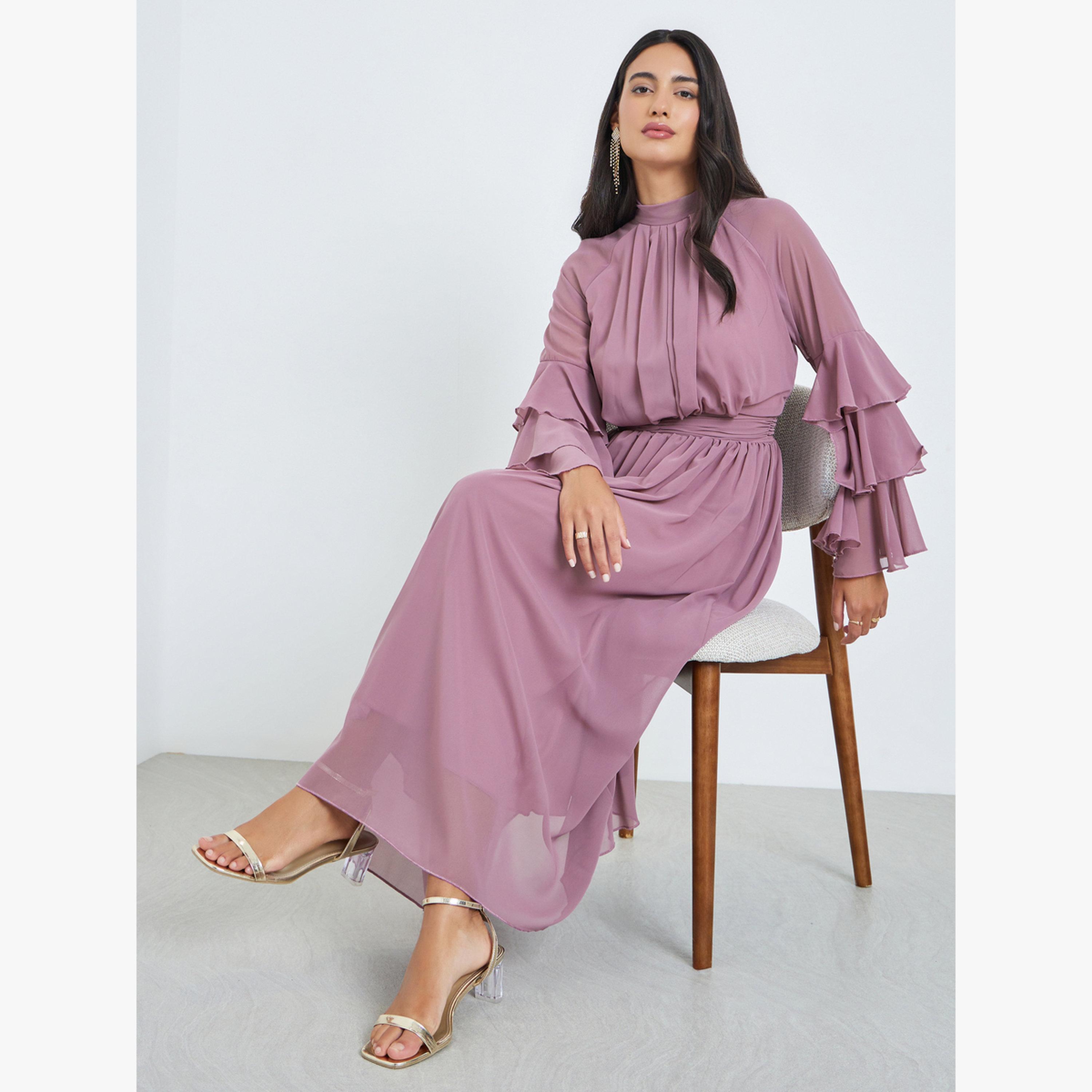 فستان طويل بياقة عالية وأكمام كشكش-women-clothing-dresses-image-3