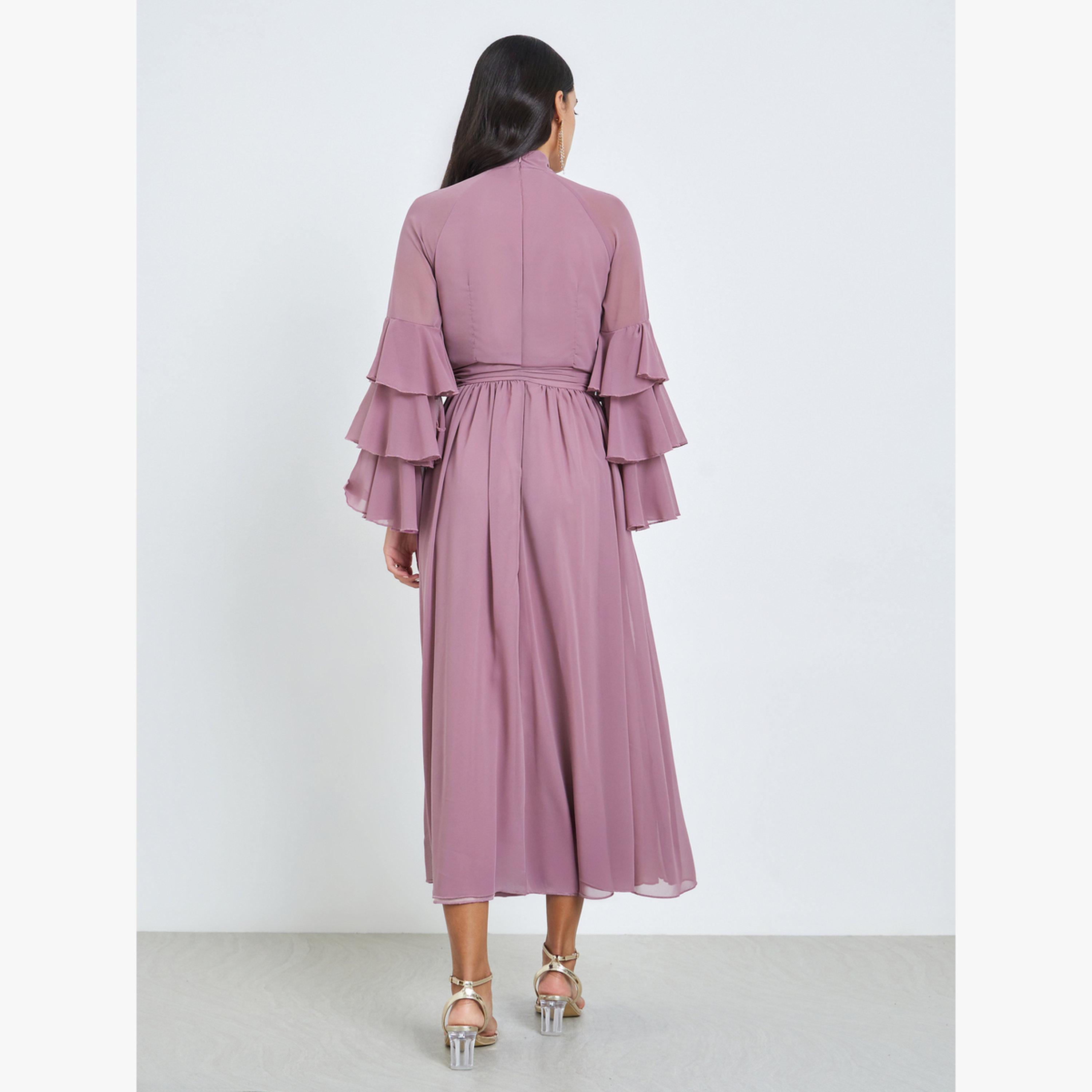 فستان طويل بياقة عالية وأكمام كشكش-women-clothing-dresses-image-4