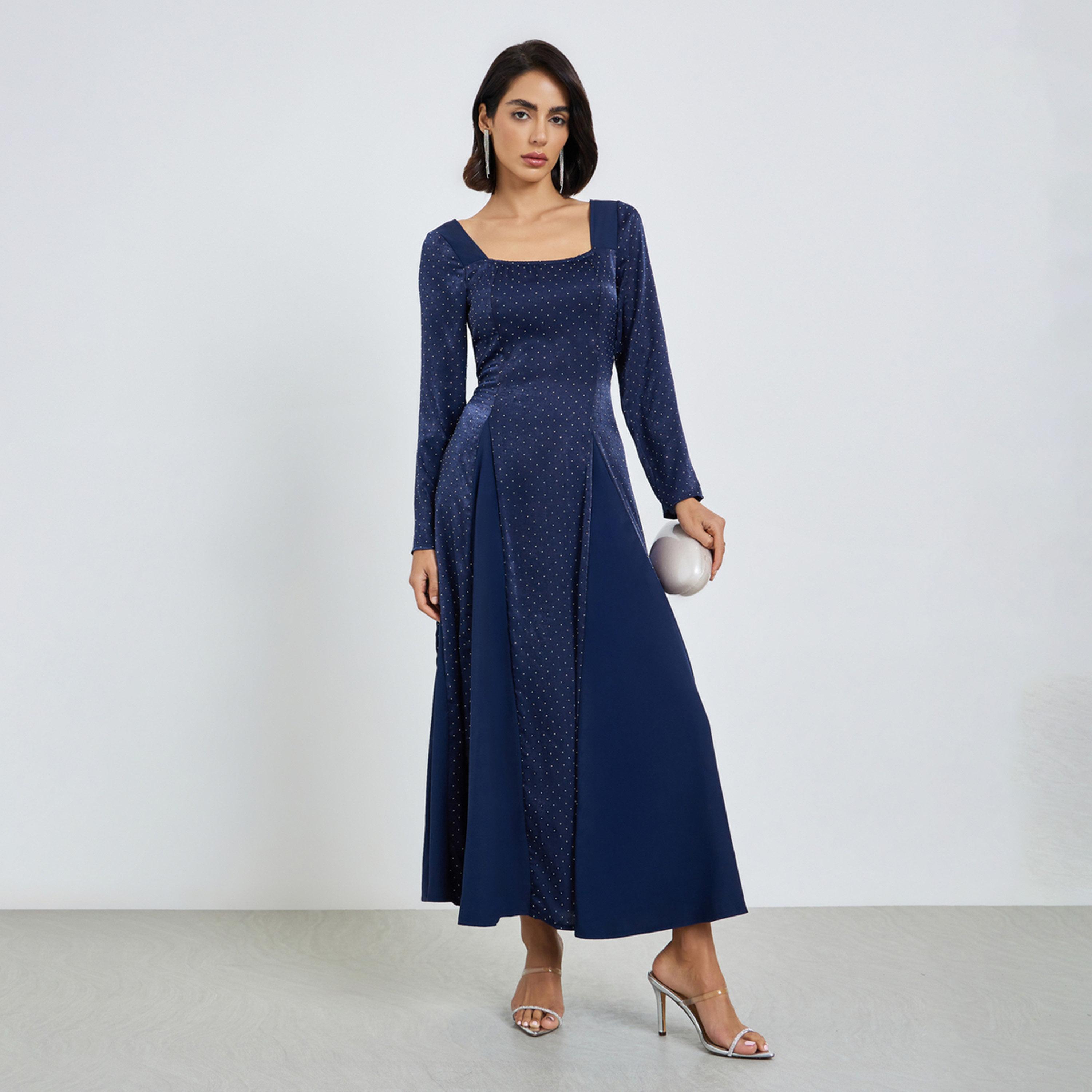 فستان طويل بياقة مربعة وطبعة نقاط-women-clothing-dresses-image-1