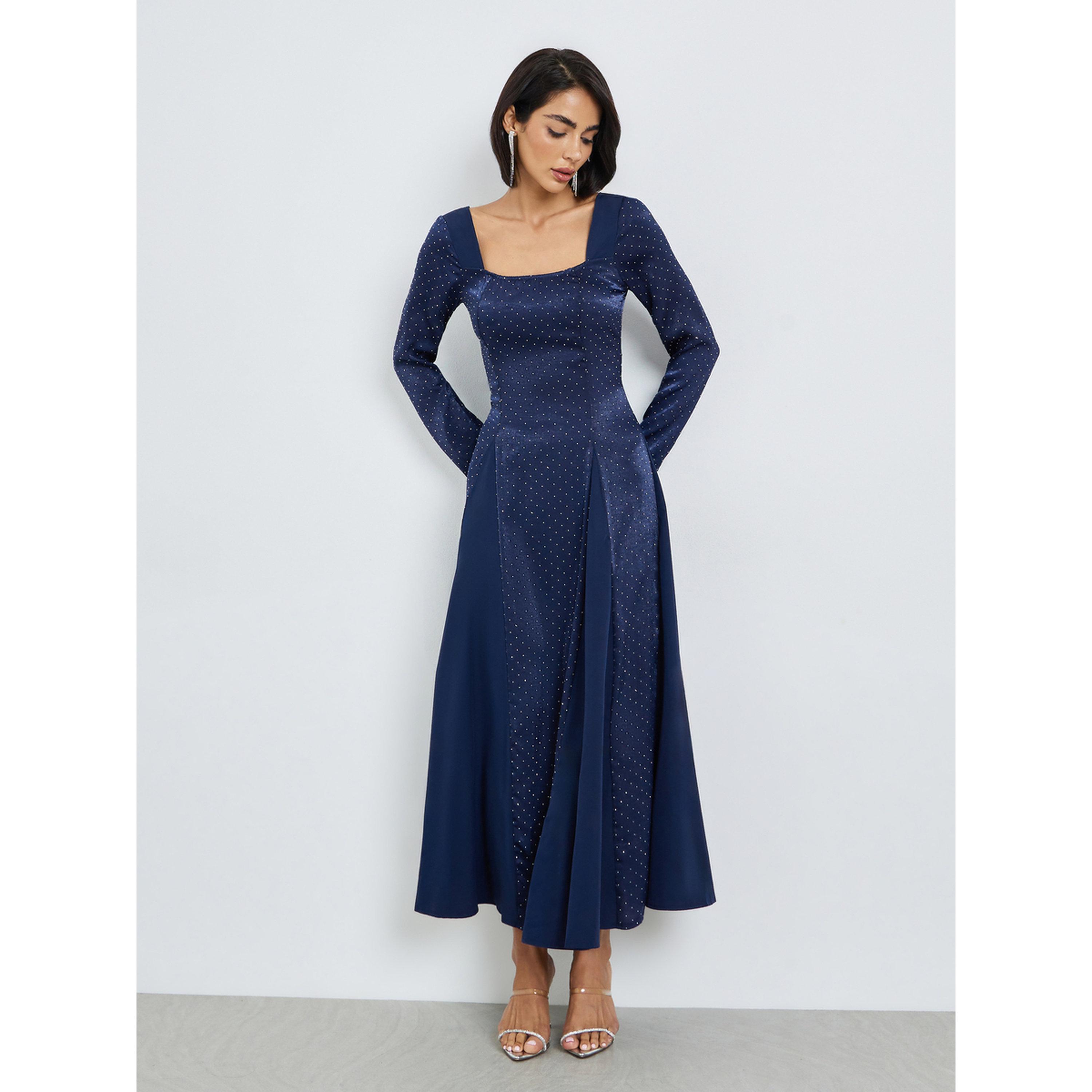 فستان طويل بياقة مربعة وطبعة نقاط-women-clothing-dresses-image-3