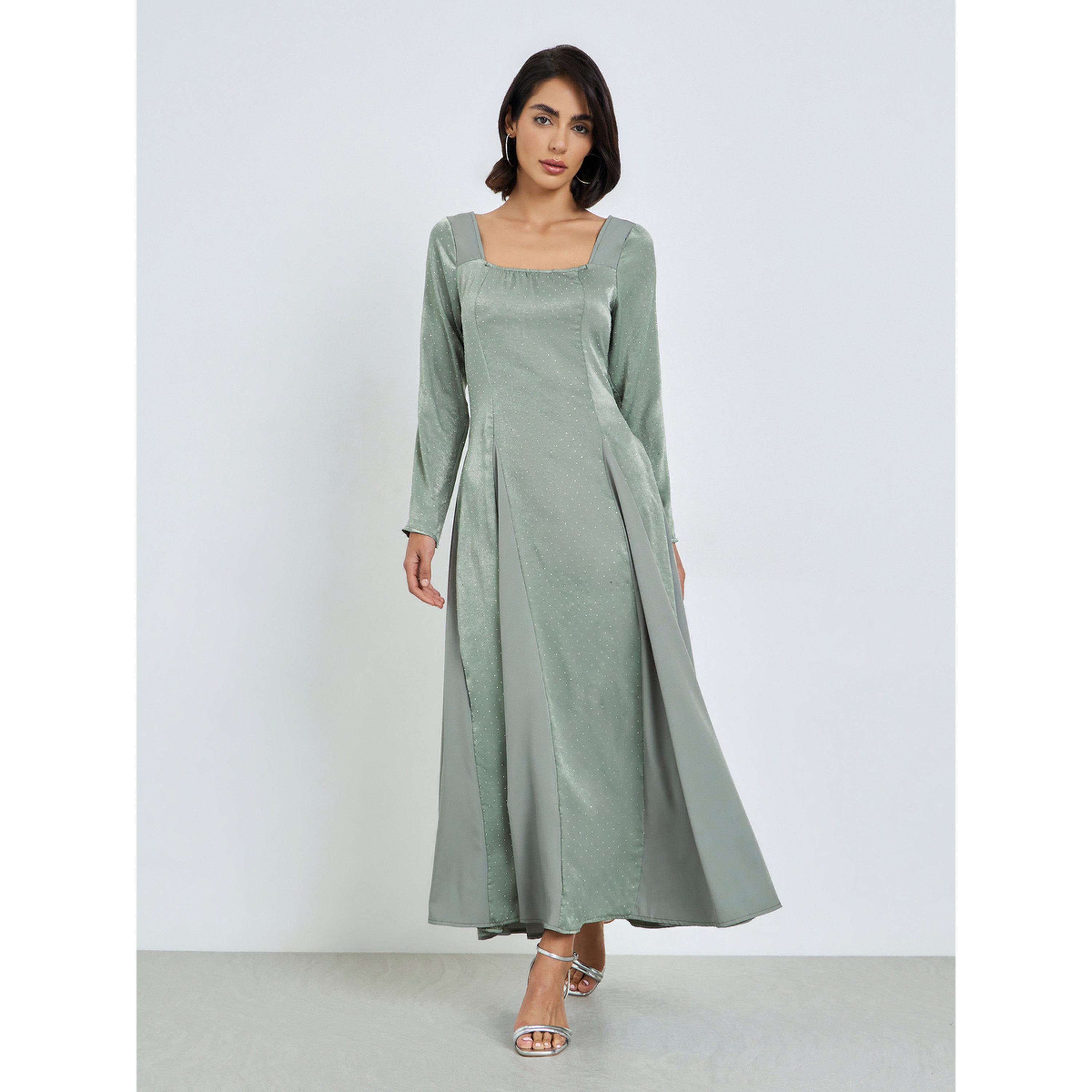 فستان طويل بياقة مربعة وطبعة نقاط-women-clothing-dresses-image-1