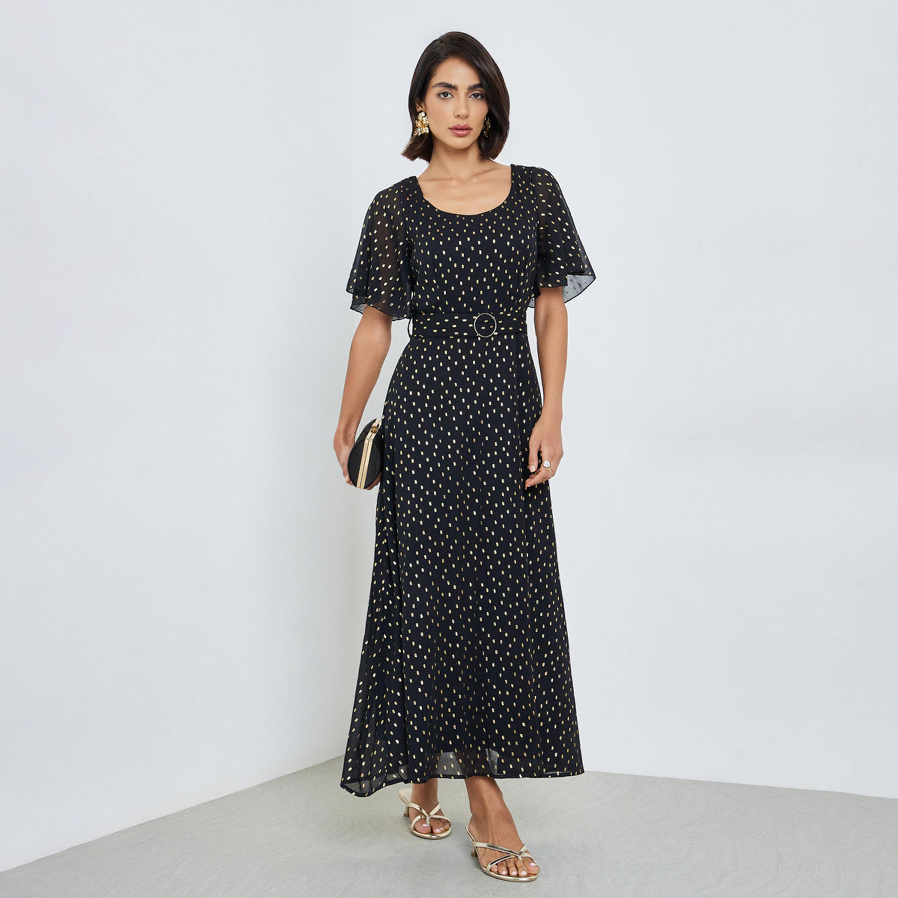 فستان طويل بطبعة فويل مع حزام-women-clothing-dresses-image-1