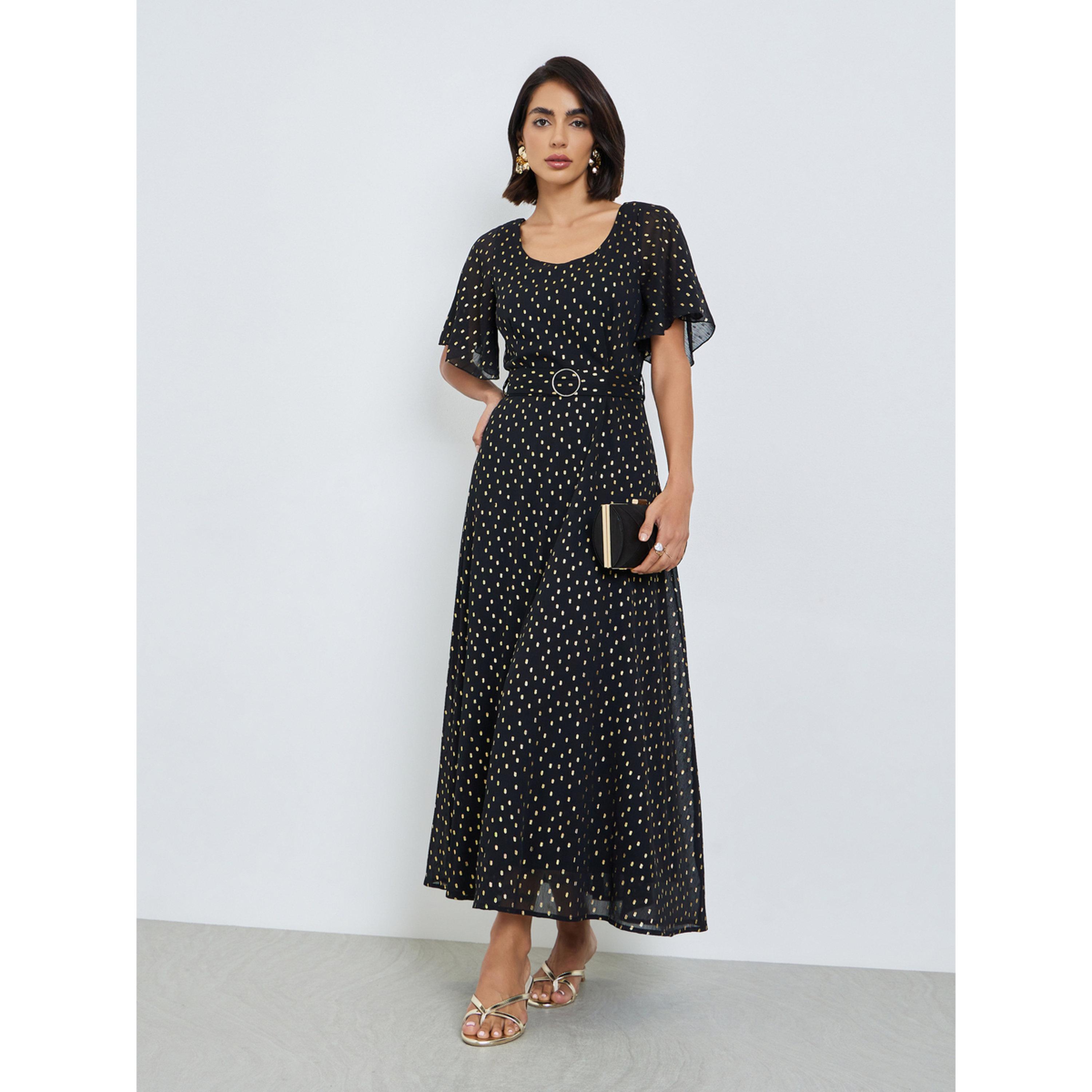 Styli Black Foil Print Maxi Dress with Belt-women-clothing-dresses-image-3