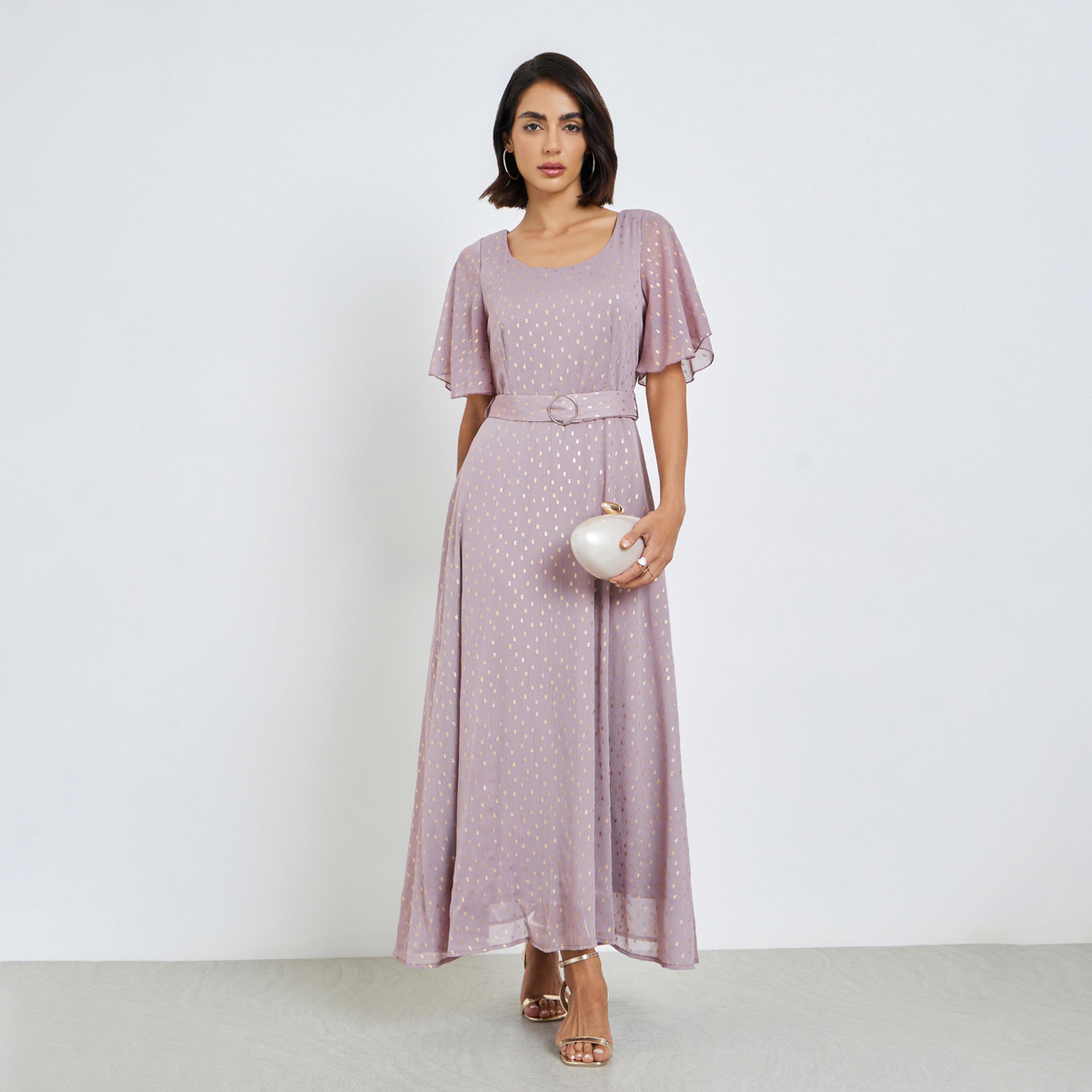 Styli Lilac Foil Print Maxi Dress with Belt-women-clothing-dresses-image-1