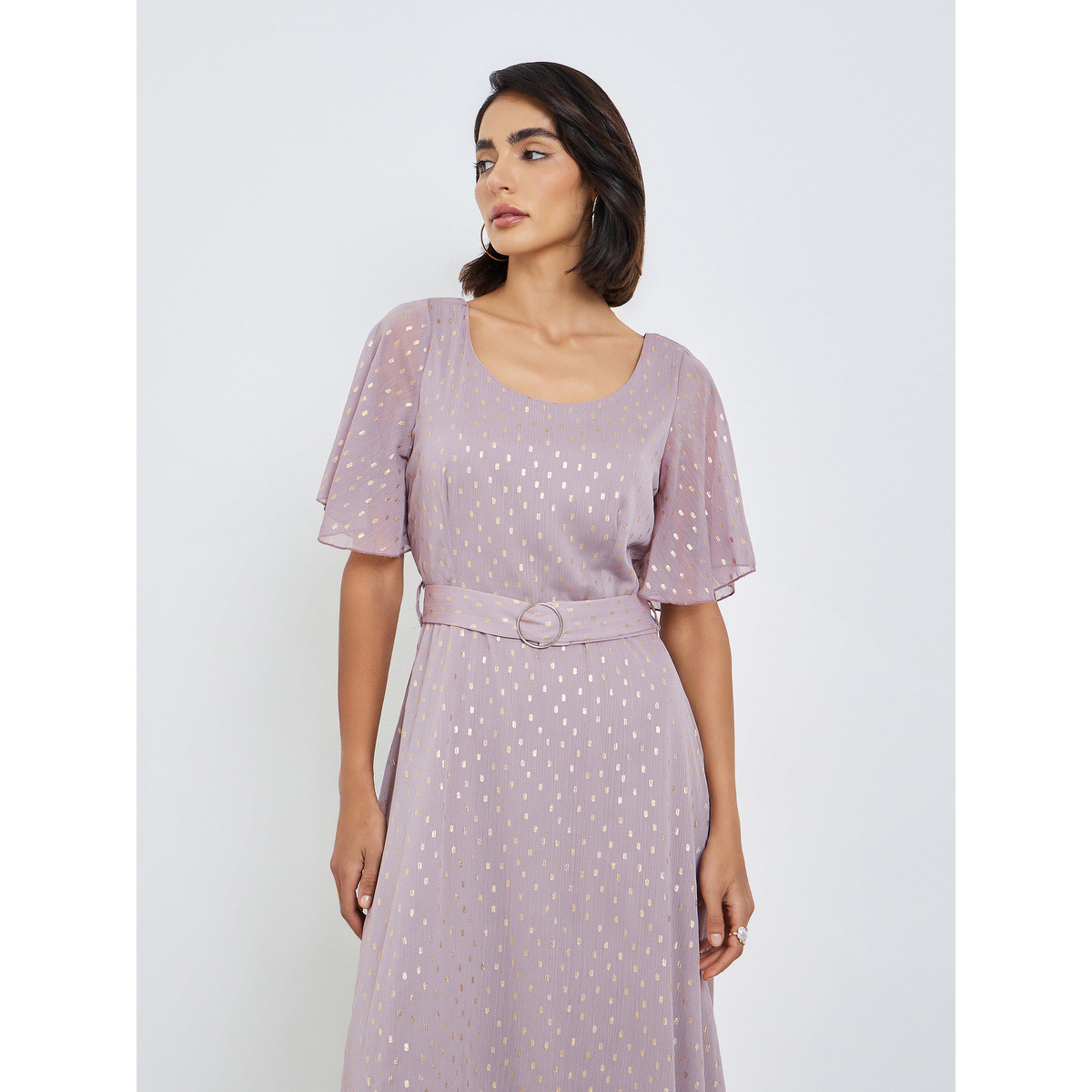 Styli Lilac Foil Print Maxi Dress with Belt-women-clothing-dresses-image-2