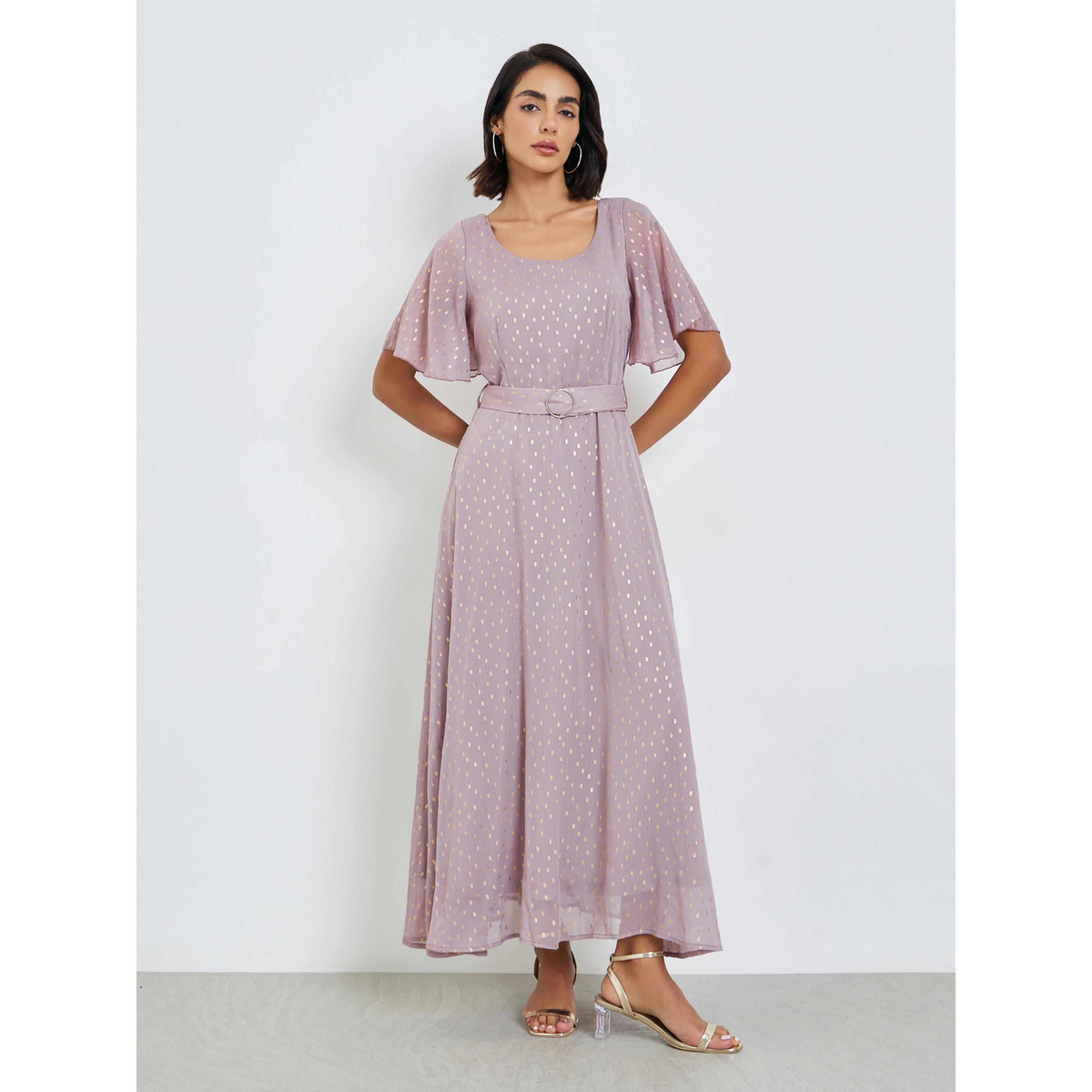 Styli Lilac Foil Print Maxi Dress with Belt-women-clothing-dresses-image-3
