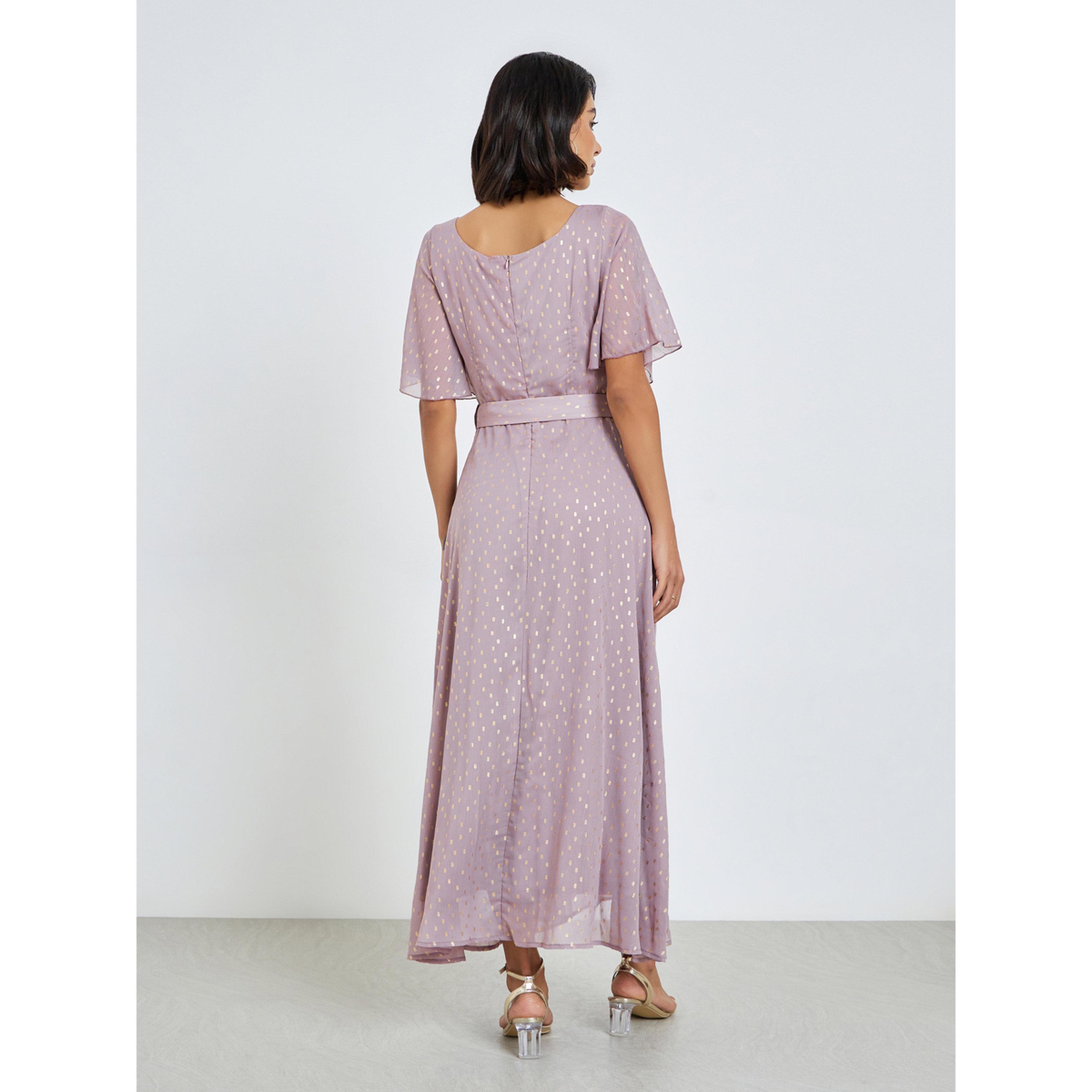 Styli Lilac Foil Print Maxi Dress with Belt-women-clothing-dresses-image-4