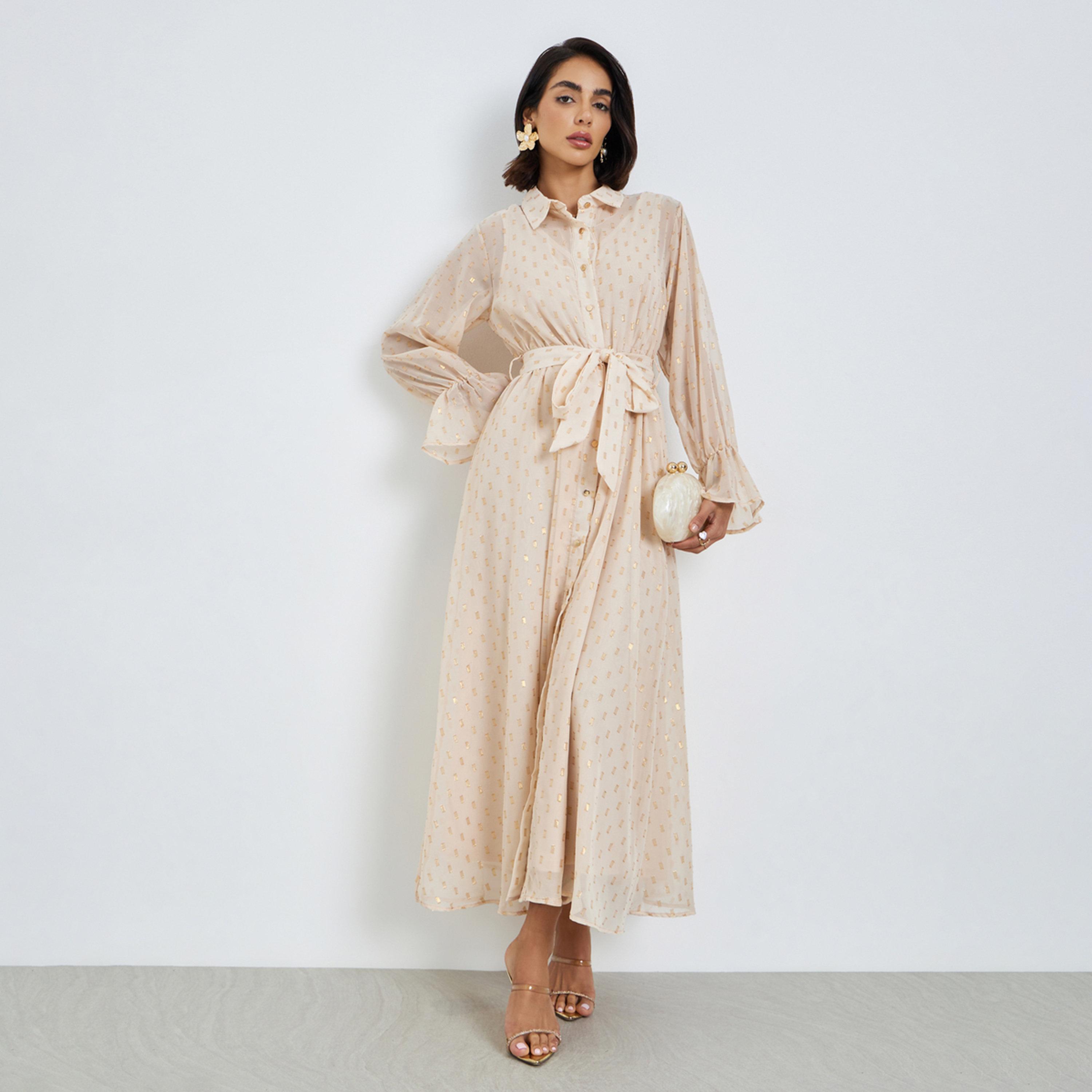 فستان طويل بنمط قميص وتصميم ذاتي مع حزام ربط-women-clothing-dresses-image-1