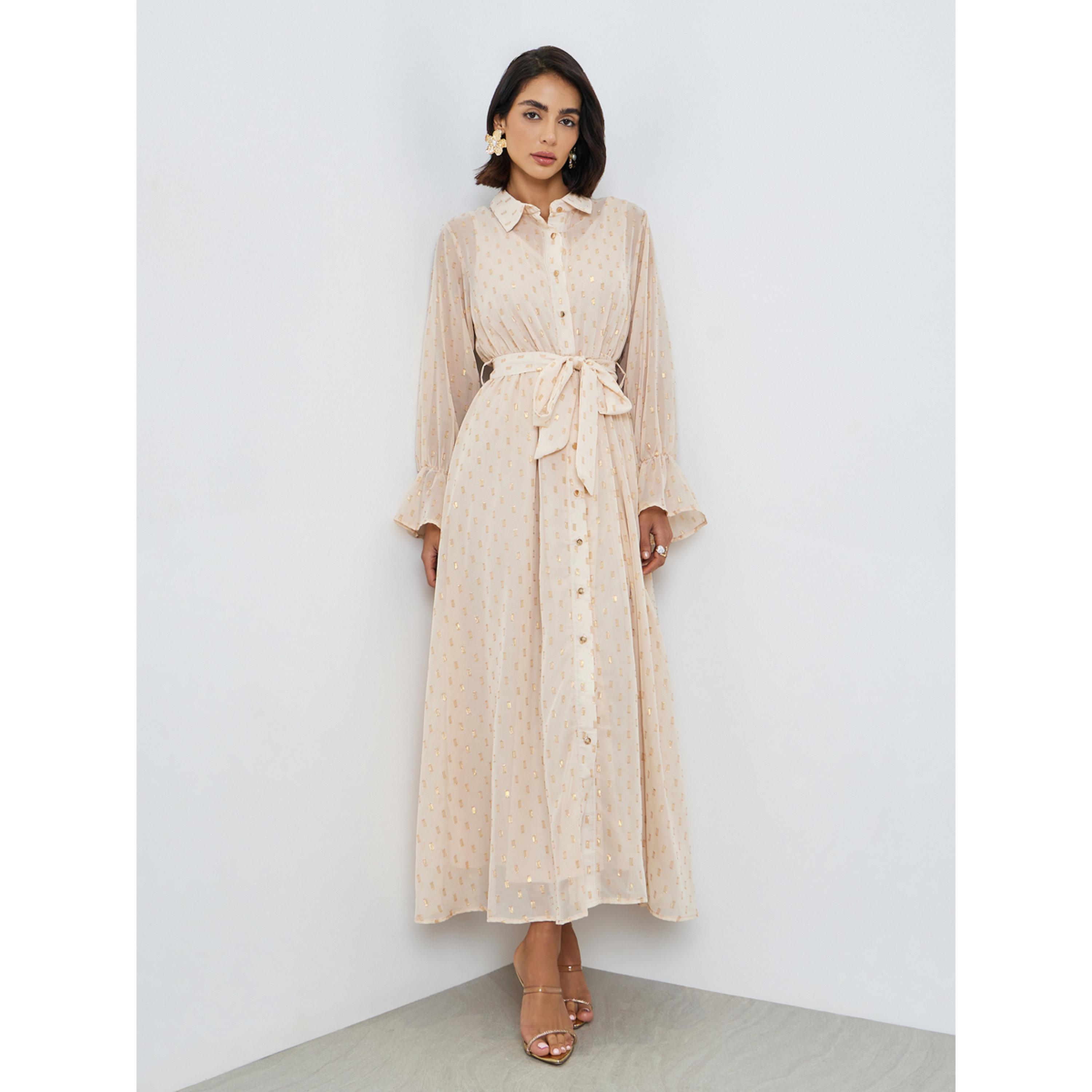Styli Beige Self-Design Shirt Maxi Dress with Tie-Belt-women-clothing-dresses-image-3