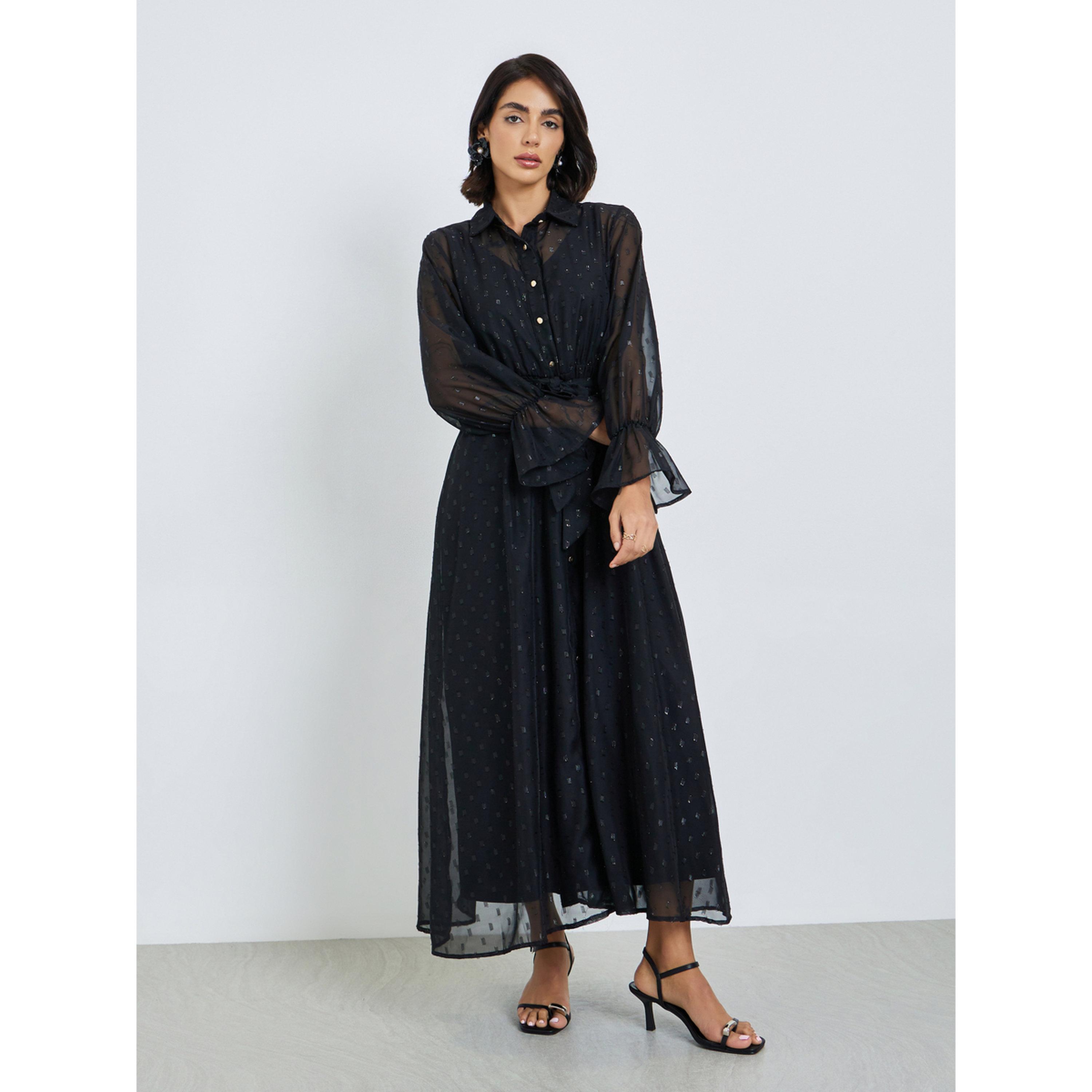 Styli Black Self-Design Shirt Maxi Dress with Tie-Belt-women-clothing-dresses-image-1