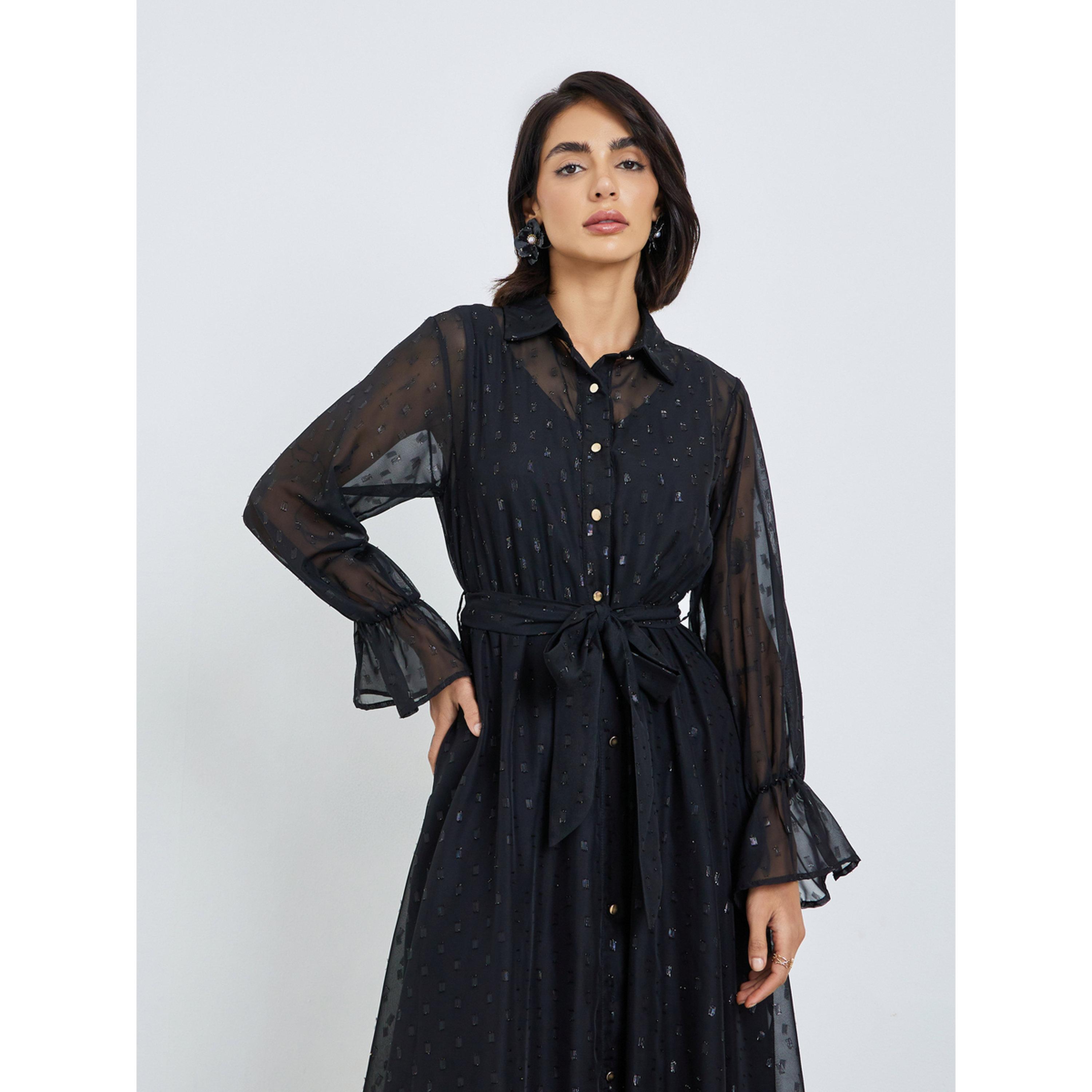 Styli Black Self-Design Shirt Maxi Dress with Tie-Belt-women-clothing-dresses-image-2