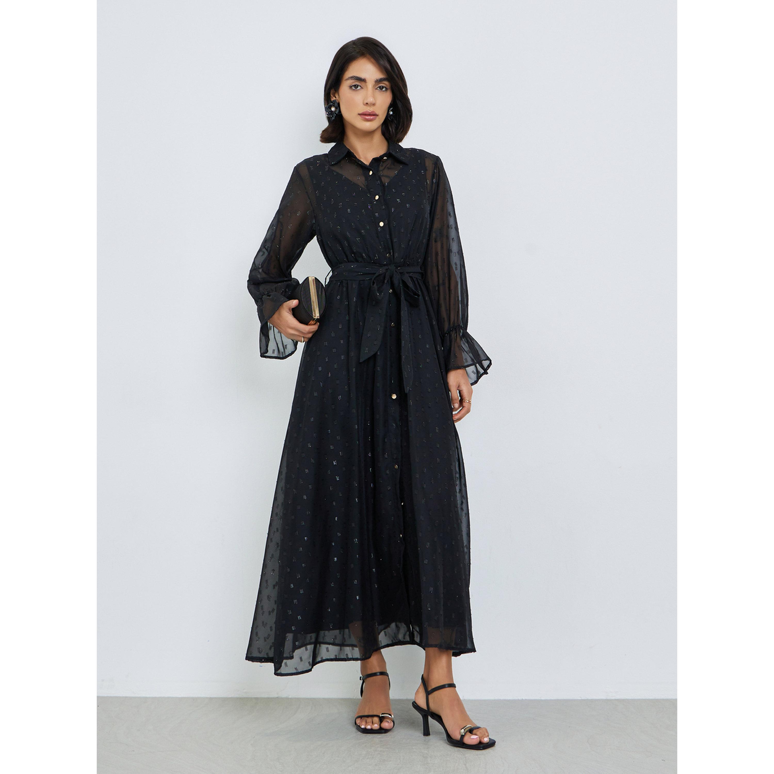 Styli Black Self-Design Shirt Maxi Dress with Tie-Belt-women-clothing-dresses-image-3