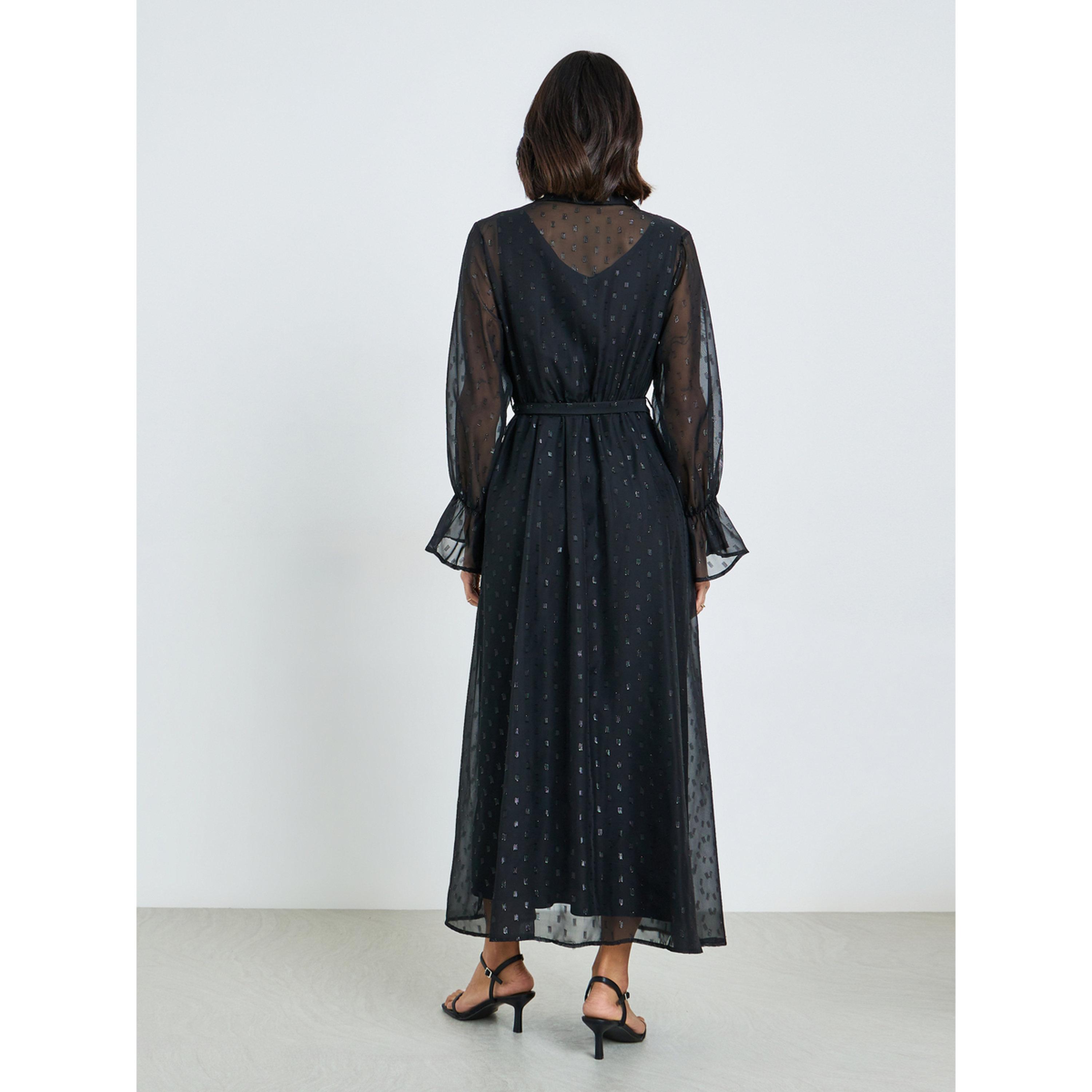 Styli Black Self-Design Shirt Maxi Dress with Tie-Belt-women-clothing-dresses-image-4
