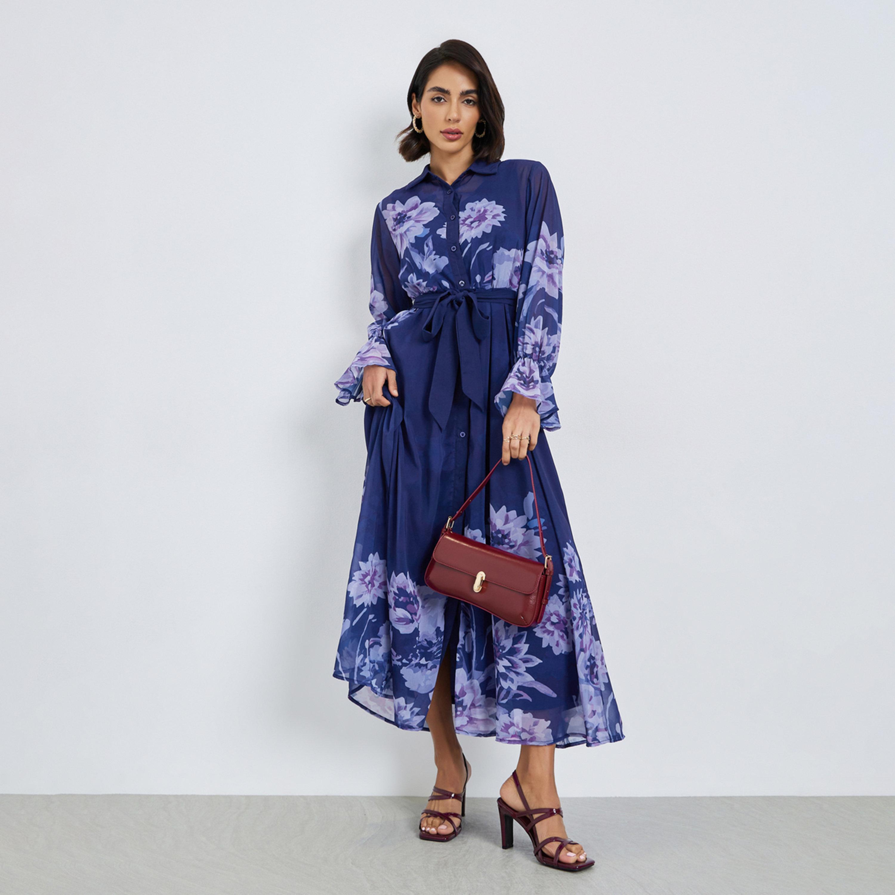 فستان طويل بنقشة زهور مع حزام ربط-women-clothing-dresses-image-1