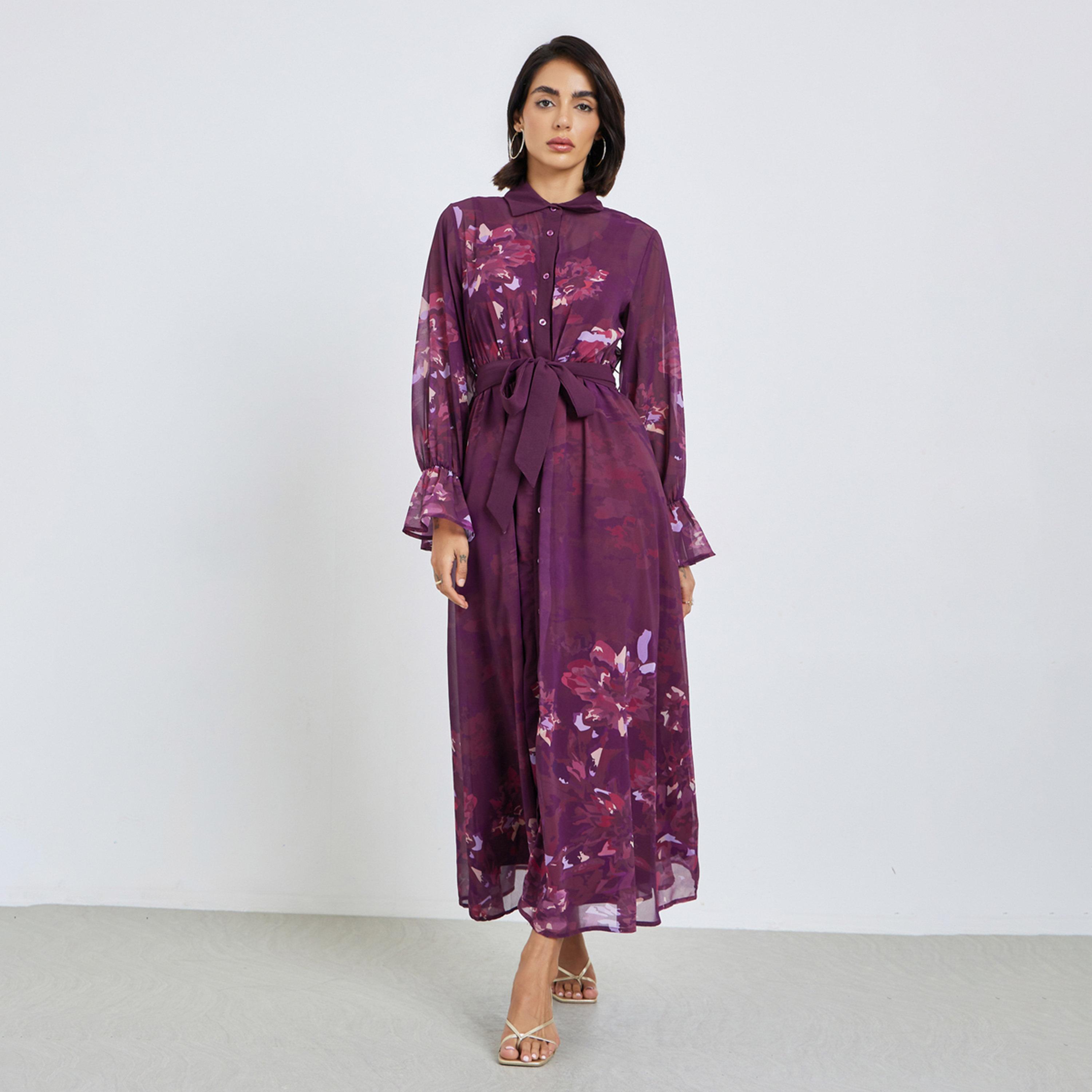 فستان طويل بنقشة زهور مع حزام ربط-women-clothing-dresses-image-1