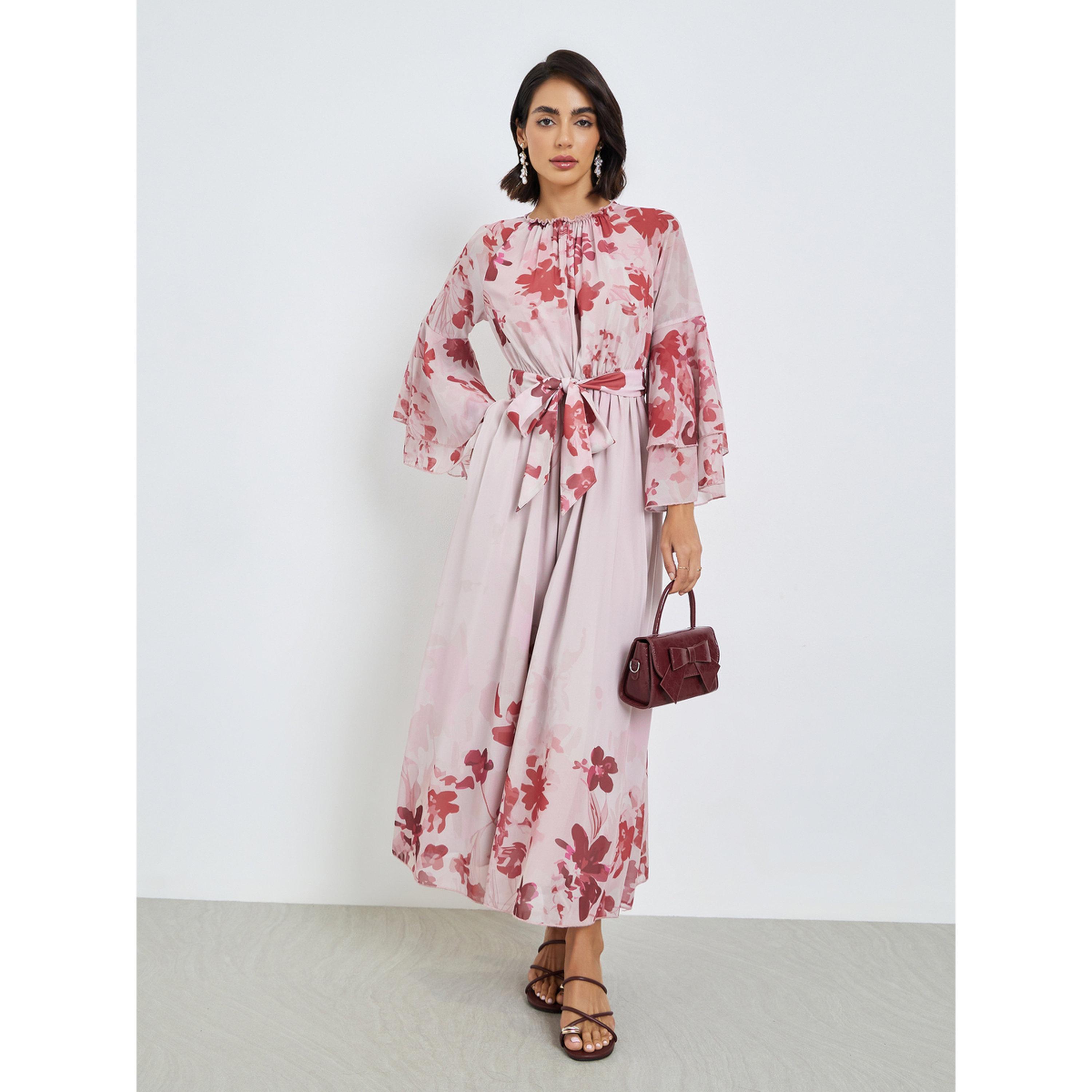 Styli Pink Floral Maxi Dress with Bell Sleeves-women-clothing-dresses-image-1