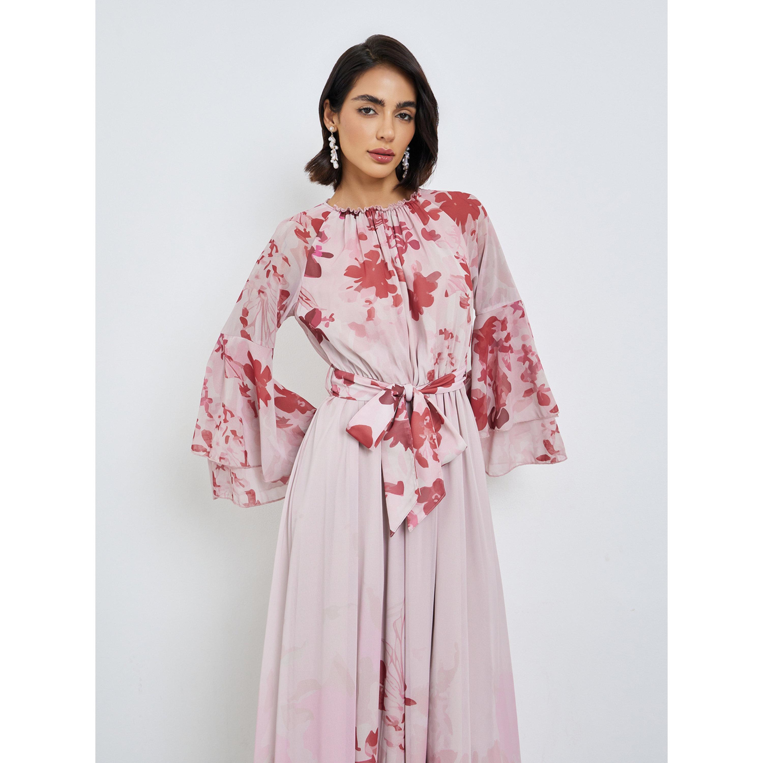 Styli Pink Floral Maxi Dress with Bell Sleeves-women-clothing-dresses-image-2