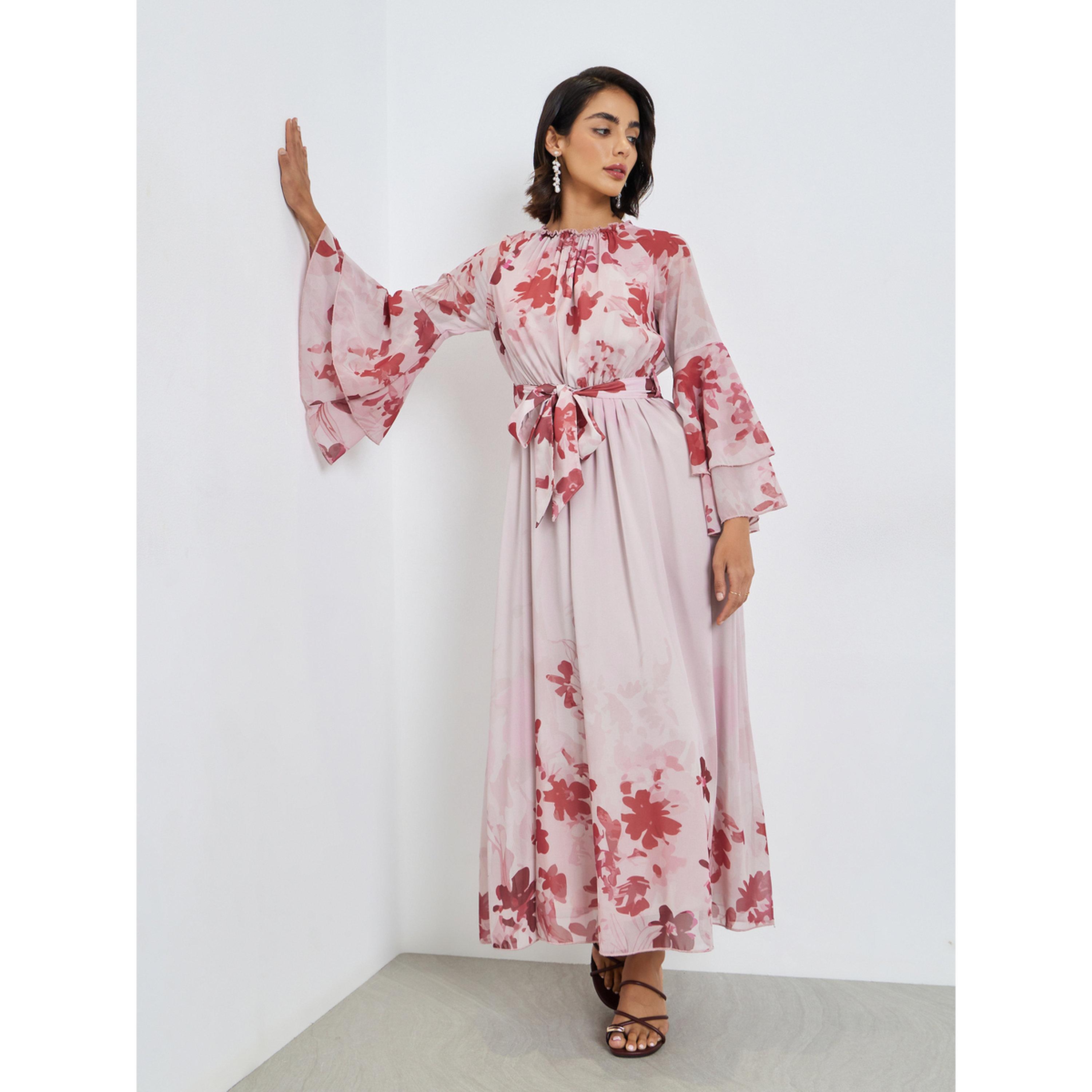 Styli Pink Floral Maxi Dress with Bell Sleeves-women-clothing-dresses-image-3