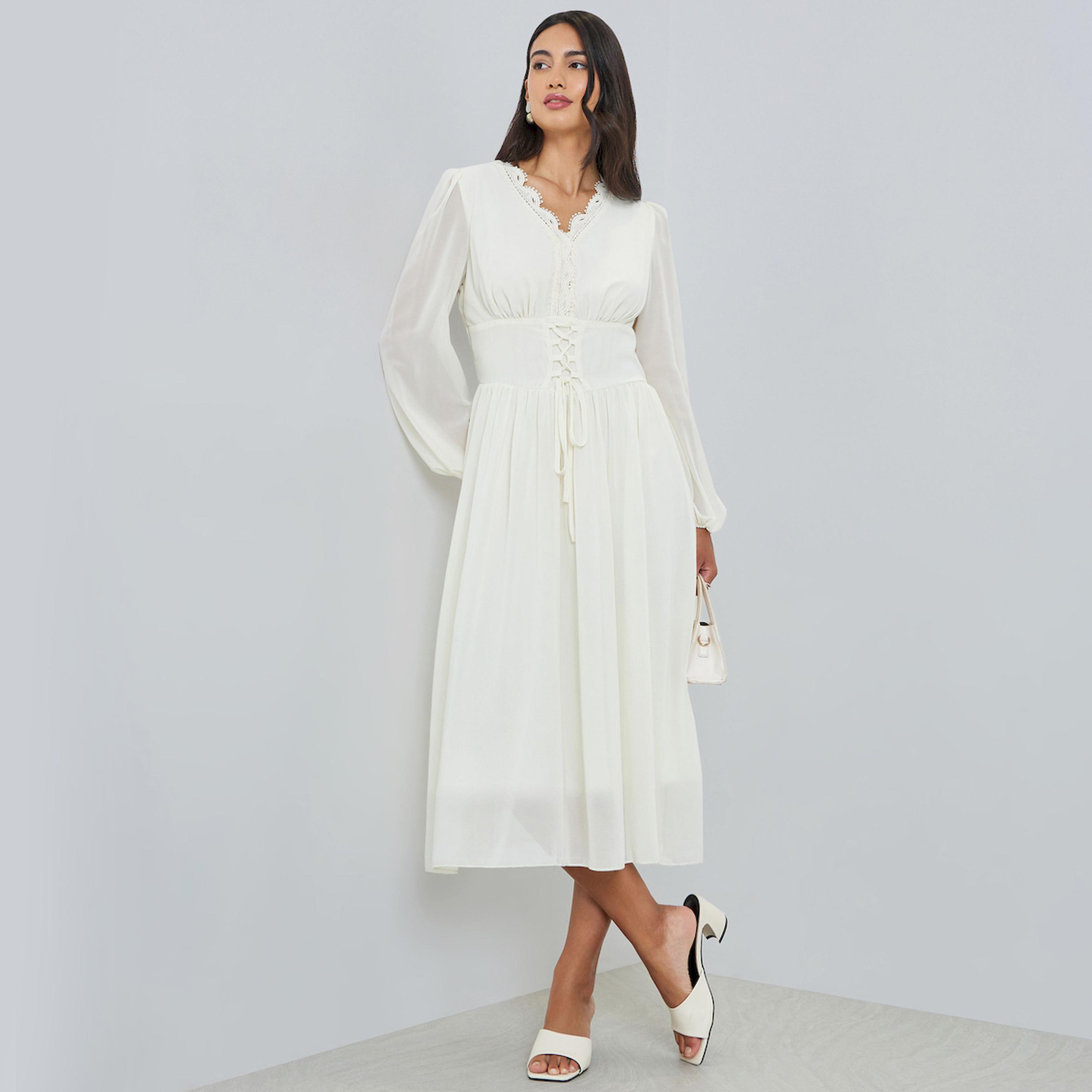 فستان ميدي بياقة بتفاصيل دانتيل مع أربطة-women-clothing-dresses-image-1