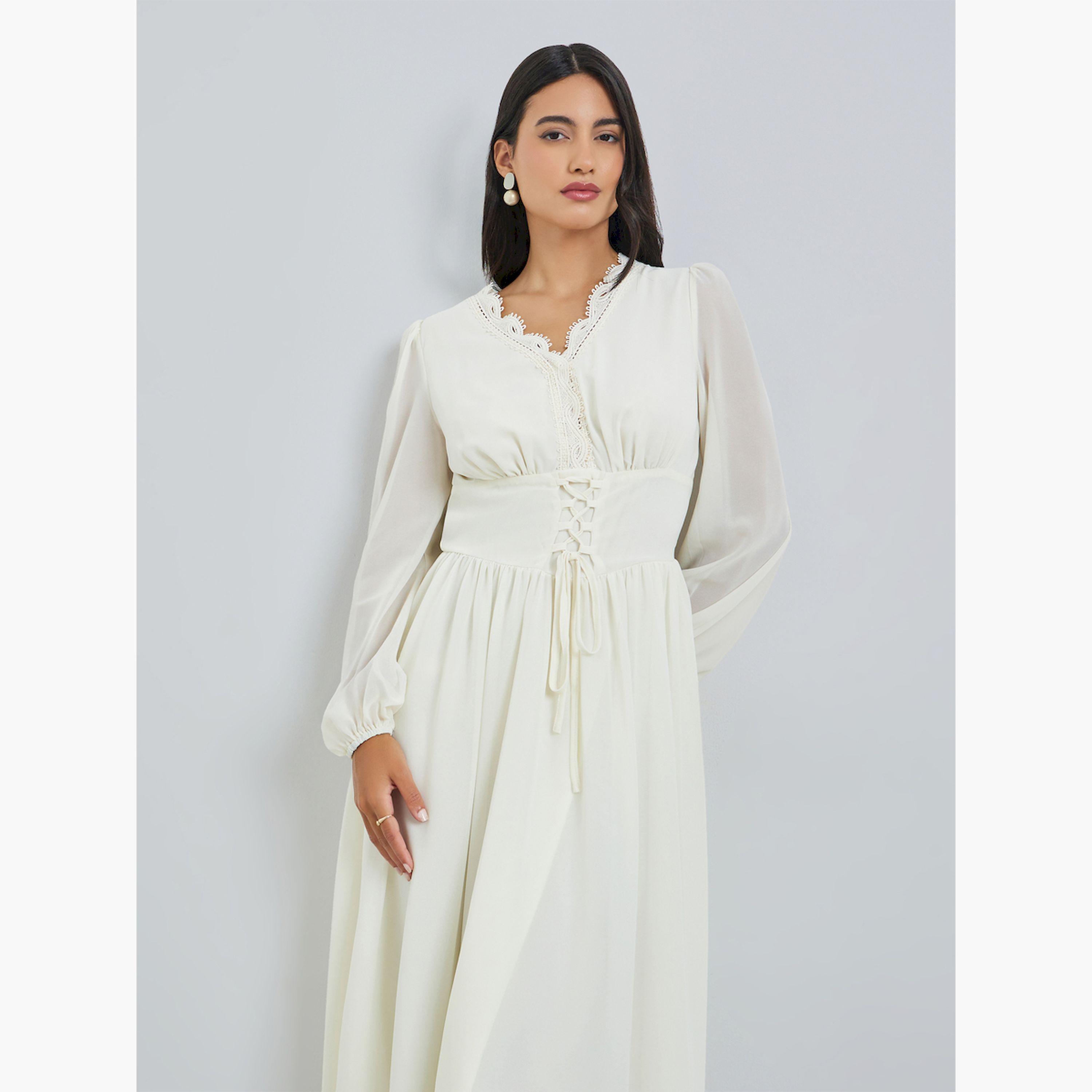 فستان ميدي بياقة بتفاصيل دانتيل مع أربطة-women-clothing-dresses-image-2