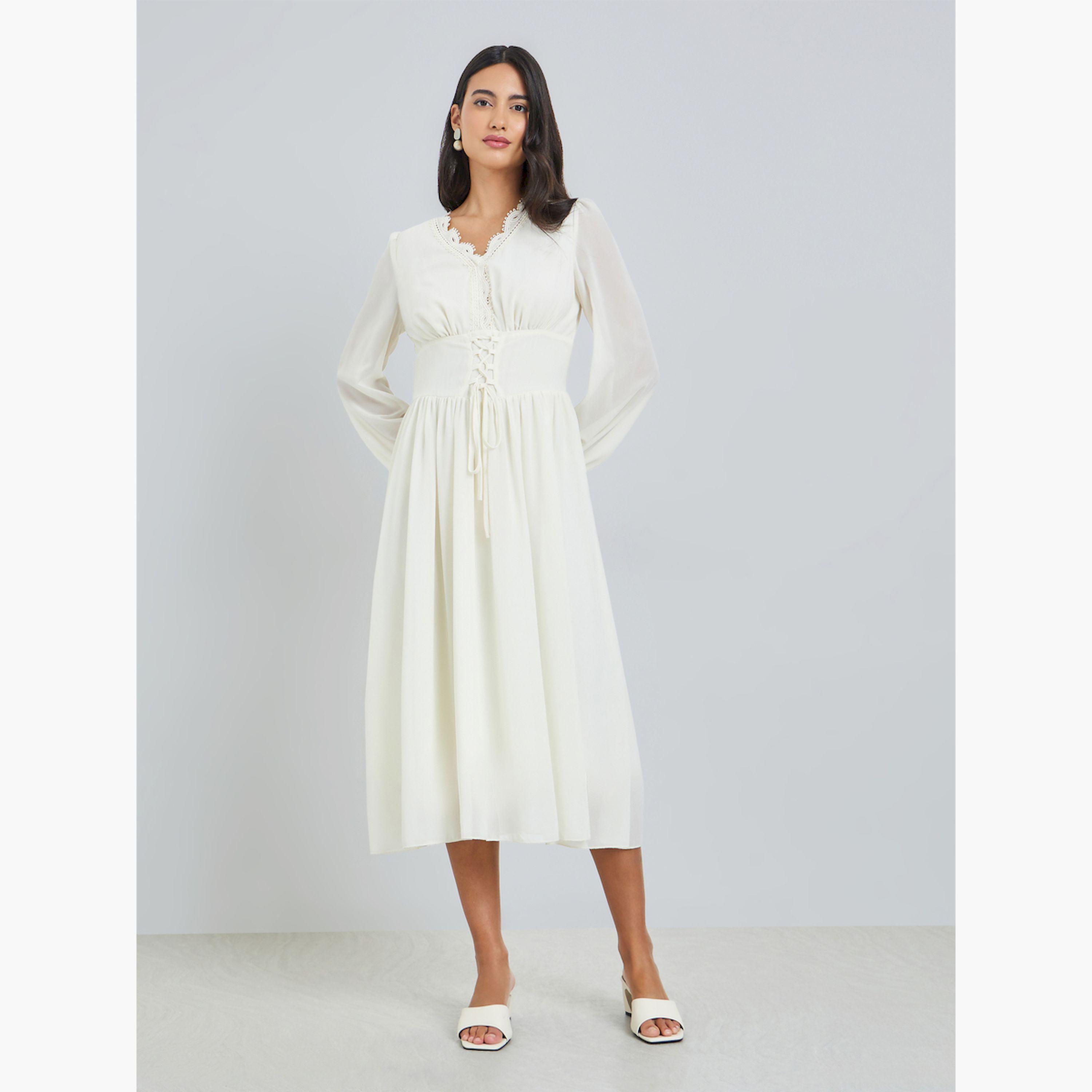 فستان ميدي بياقة بتفاصيل دانتيل مع أربطة-women-clothing-dresses-image-3