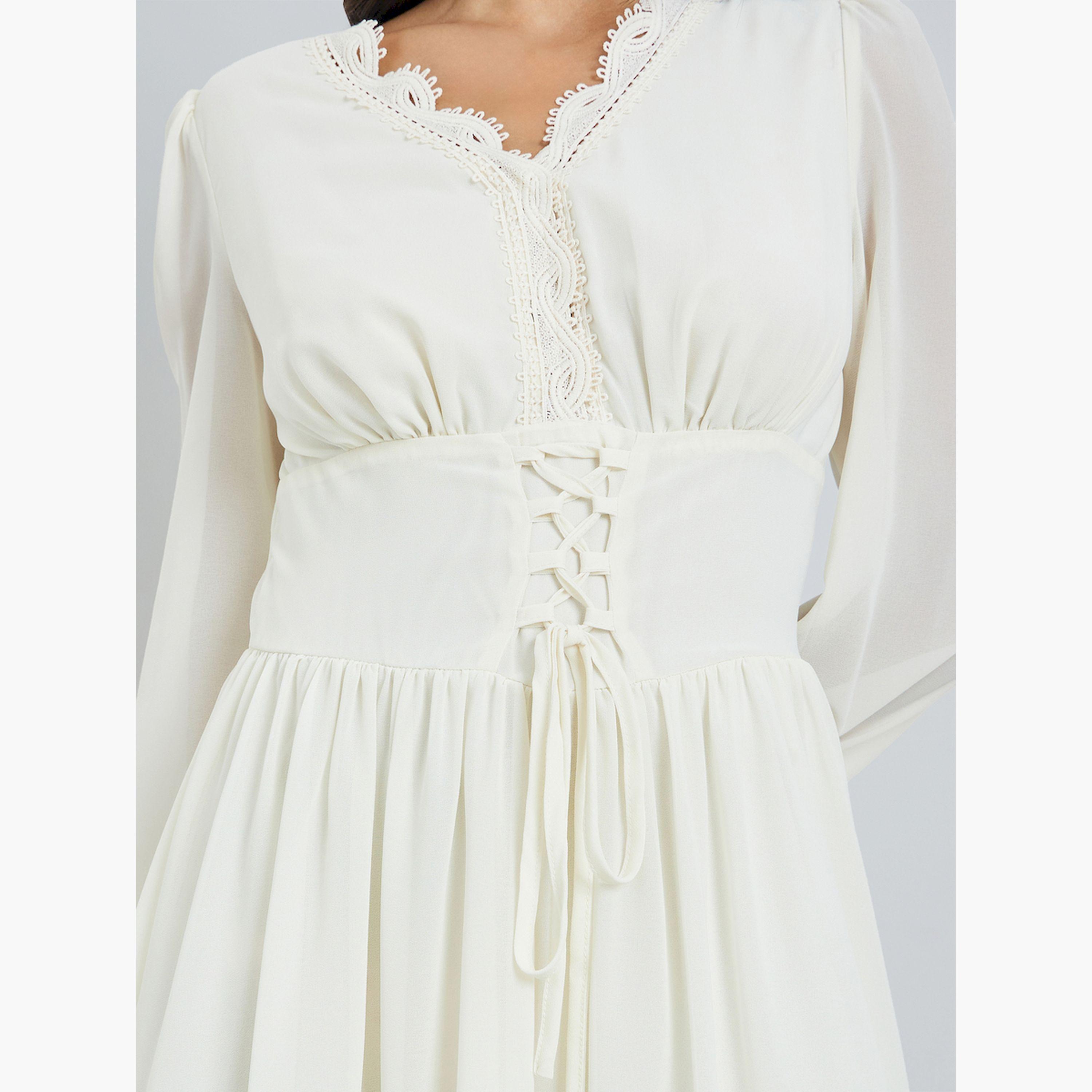 فستان ميدي بياقة بتفاصيل دانتيل مع أربطة-women-clothing-dresses-image-4