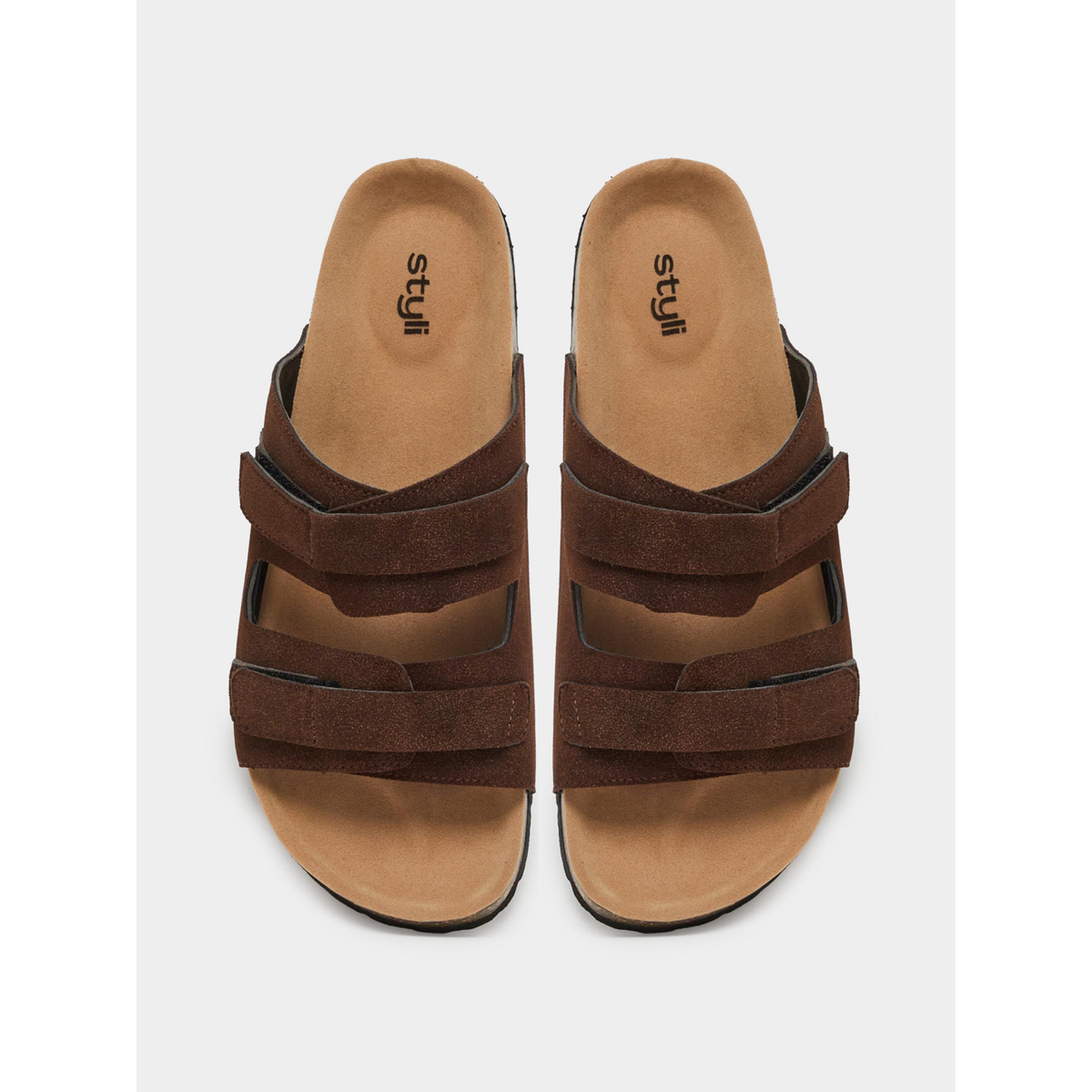 Styli Brown Double Strap Suede Look Casual Sandals-men-shoes-sandals-image-3