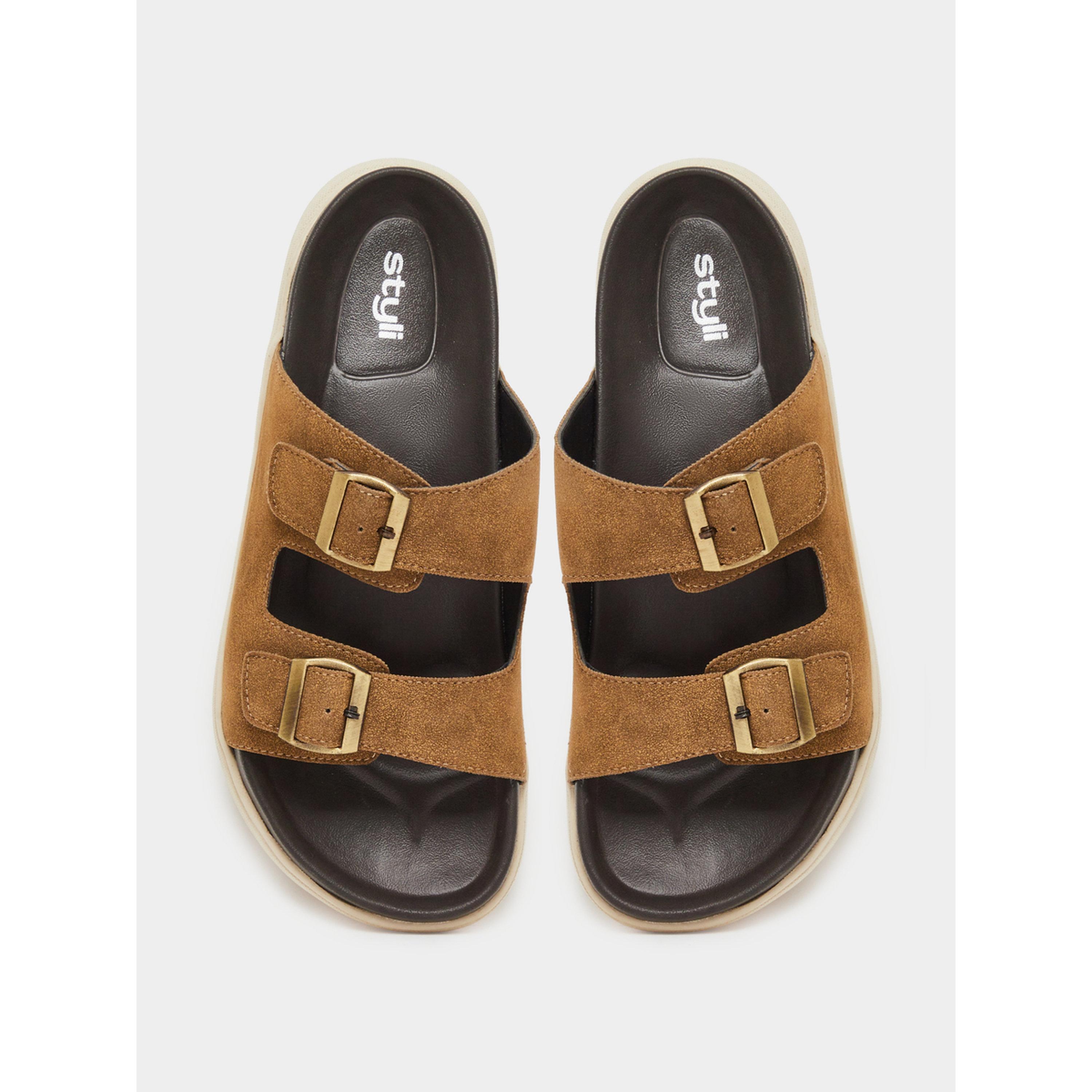 Styli Tan Double Strap Buckle Comfort Sandals-men-shoes-sandals-image-3